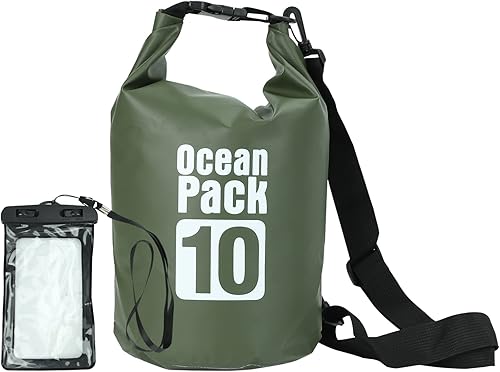 bchsadvb Bolsa seca impermeable verde militar de 10 litros, ligera, flotante, enrollable, mantiene el equipo seco con funda impermeable para