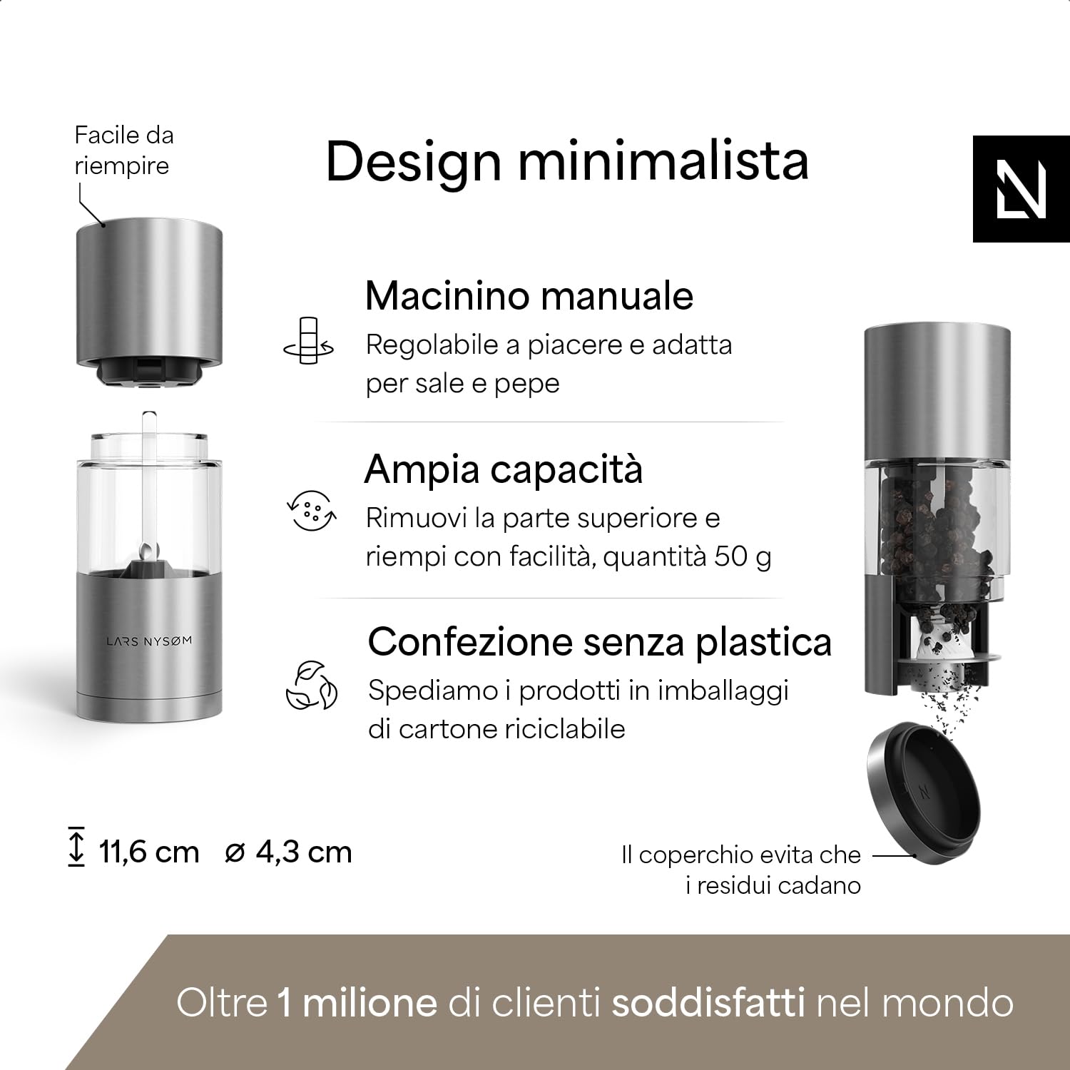 LARS NYSØM Macinini Per Sale E Pepe In Acciaio - Set 2 Pezzi, Design A Bottiglia, Macina Regolabile - Foto 4