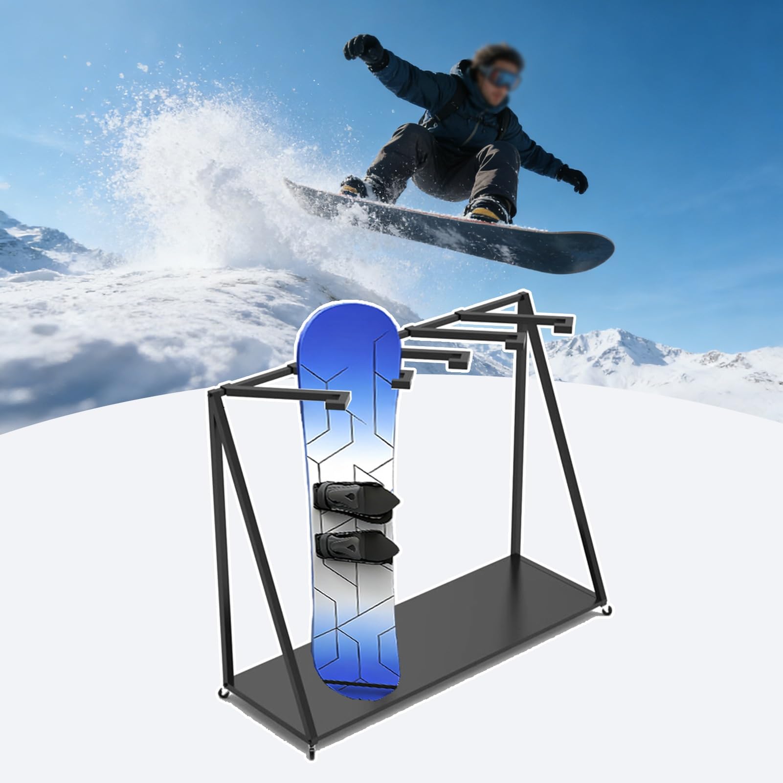 Stojak na Narty Duży, Antypoślizgowy Wózek na Narty Zjazdowe, Regulowana Półka na Deskorolkę z Wieszakami, Wkładany Stojak na Snowboard do Użytku Zewnętrznego(5 Hooks)