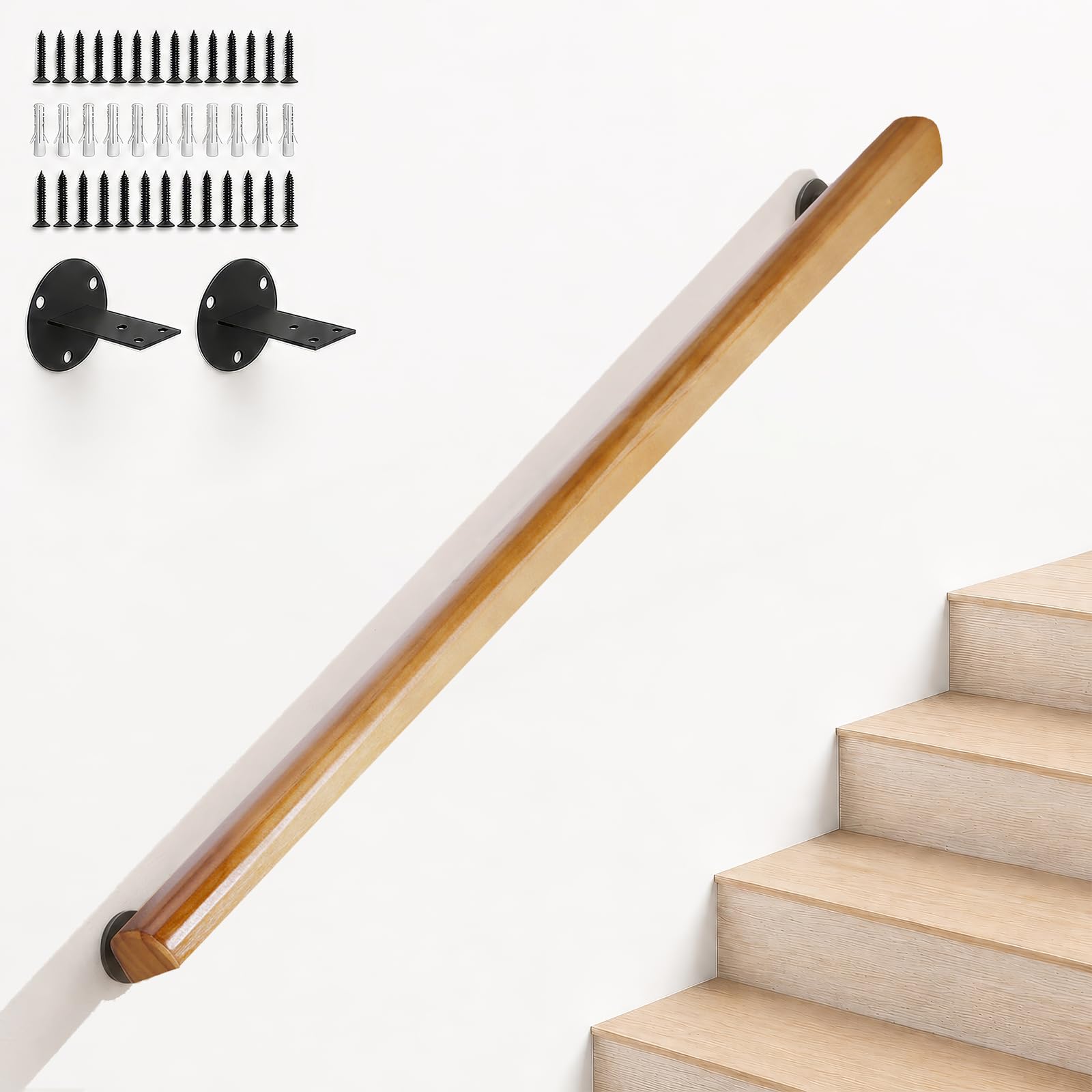 120 cm Wooden Stair Handrail, Single-Piece Wall Rail with Metal Bracket Kit