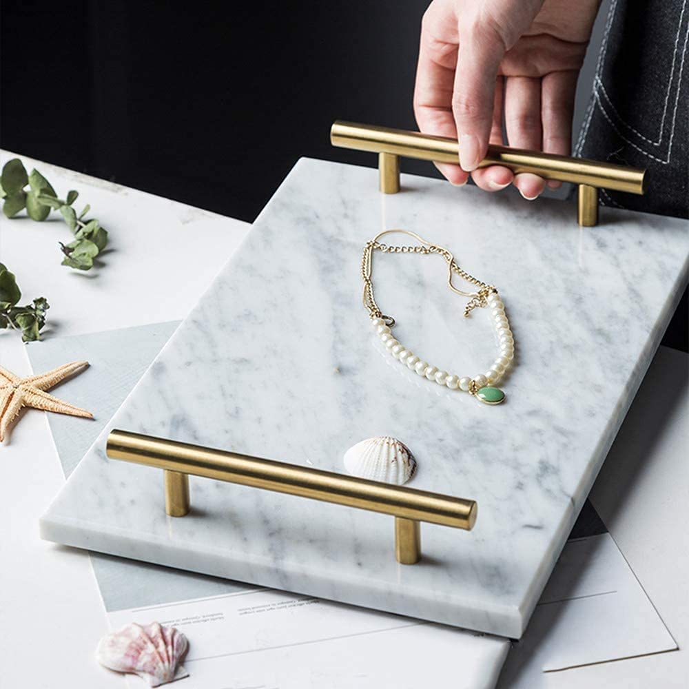 Marble Trinket Vanity Tray with Golden Handles, Vanity Organizer For Jewels Perfume Makeup Tray,Coffee Table Tray,Bathroom Tray Desktop Storage Home (White)