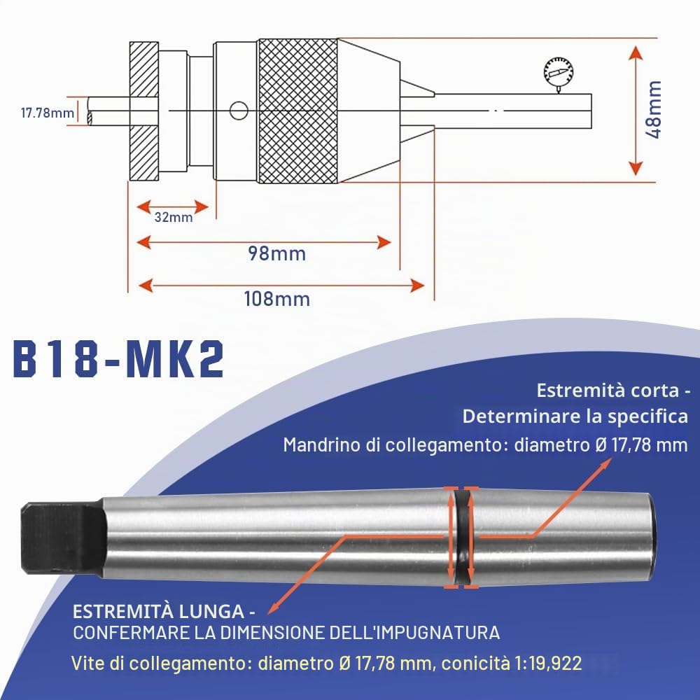 Mandrino autoserrante B18 1-16 mm + mandrino conico MK2/MT2 | Mandrino di precisione per tornio trapano MK2/MT2
