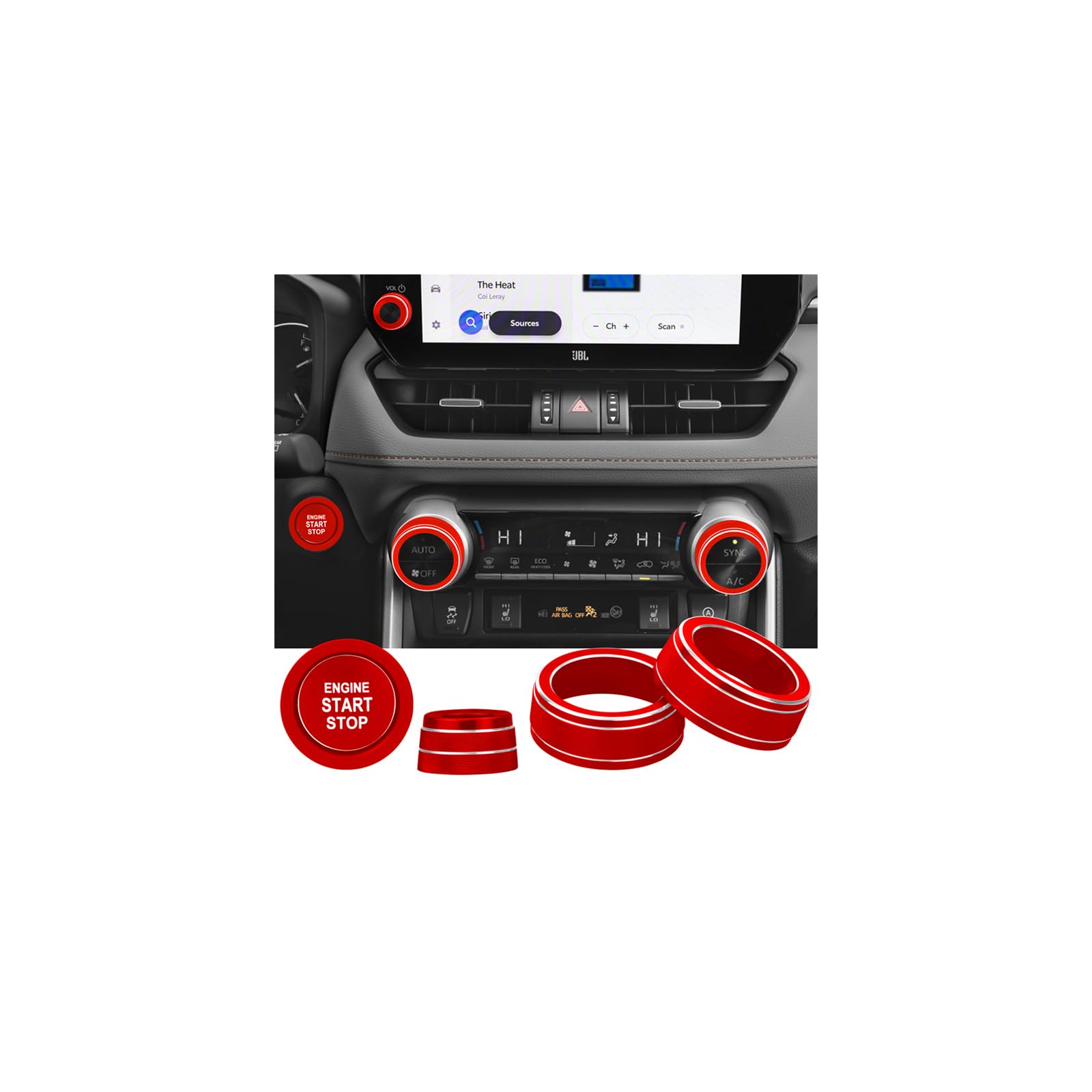for Toyota RAV4/RAV4 Hybrid 2023 2024 2025 air Conditioning knob Cover, Start Button Cover Decorative Ring, Volume, Aluminum Alloy Decoration (RAV4, red)