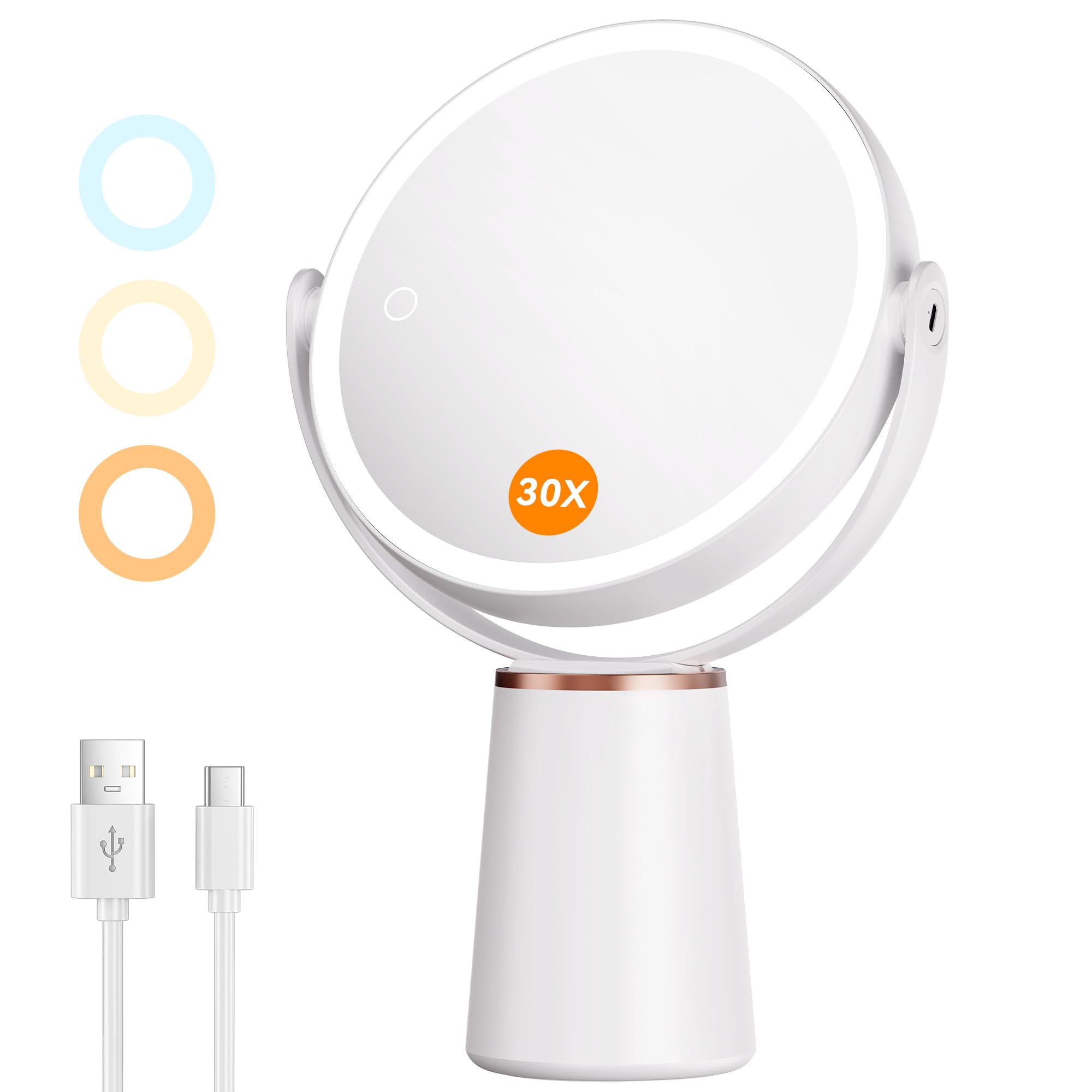 Auxmir Makeup Mirror with Lights, Double Sided 30X/1X Magnifying Mirror, 3 Color Stepless Dimmable Mirrors with Touch Screen, 2000 mAh Rechargeable 360° Free Standing Vanity Mirrors for Women