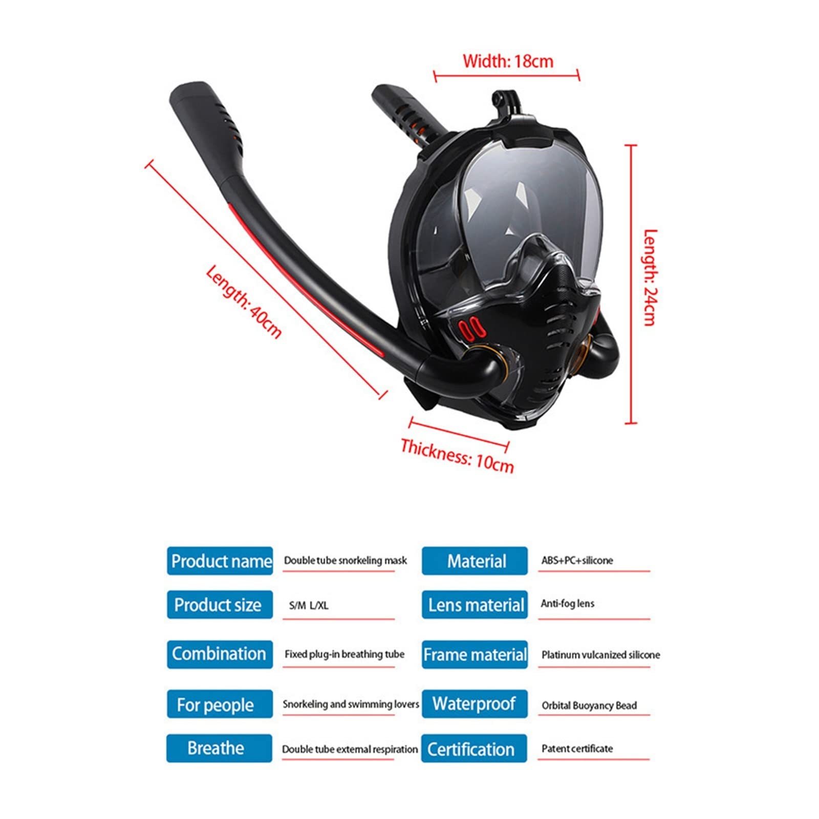 Respiracion bajo el agua Máscara de esnórquel de doble tubo de silicona, máscara de buceo completamente seca, máscara de natación for adultos, gafas de buceo, respiración subacuática autónoma Estabili