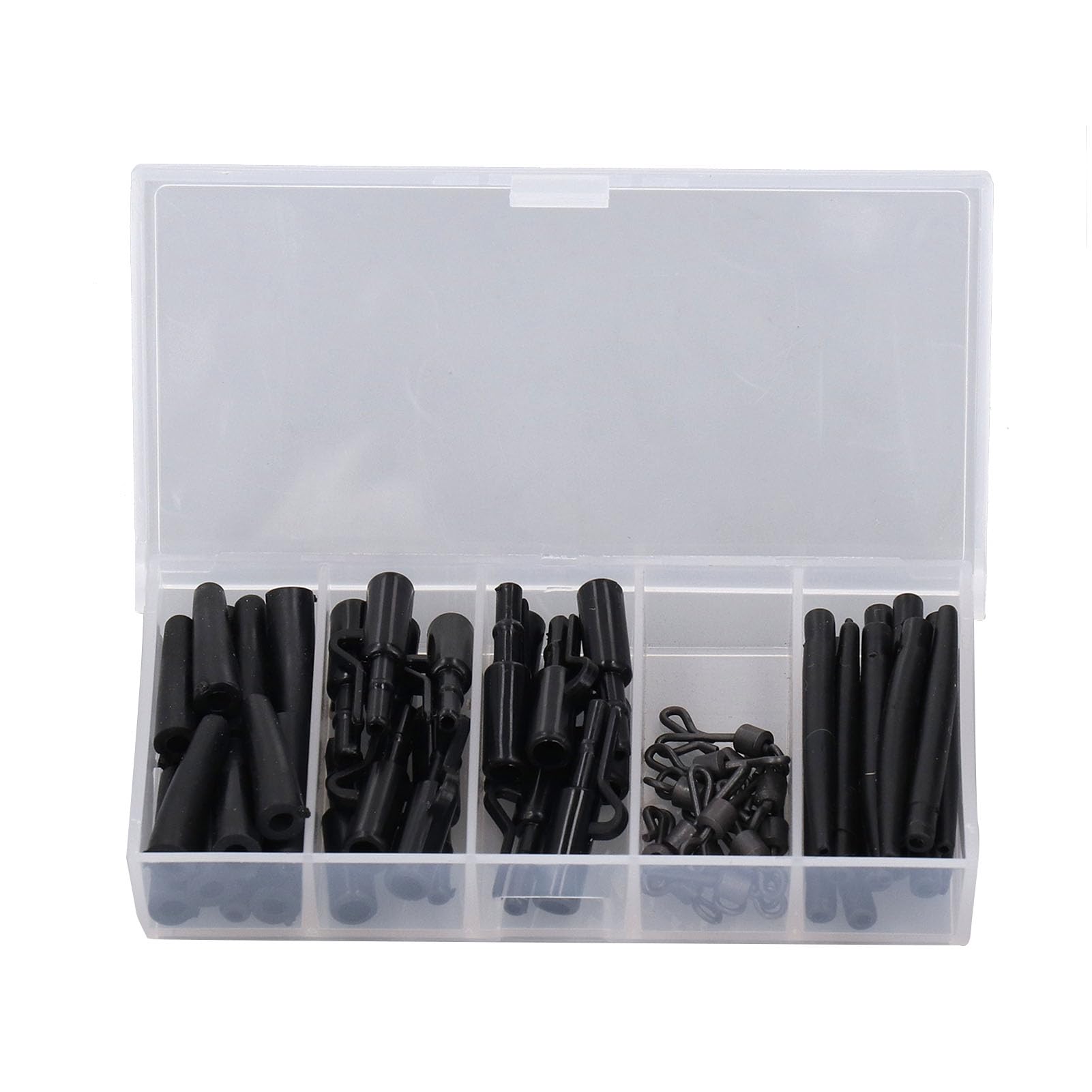 60pcs Fishing Terminal Tackle Kit,Silicone ABS Rubber Fishing Leader Clip Sleeve Kit with Box