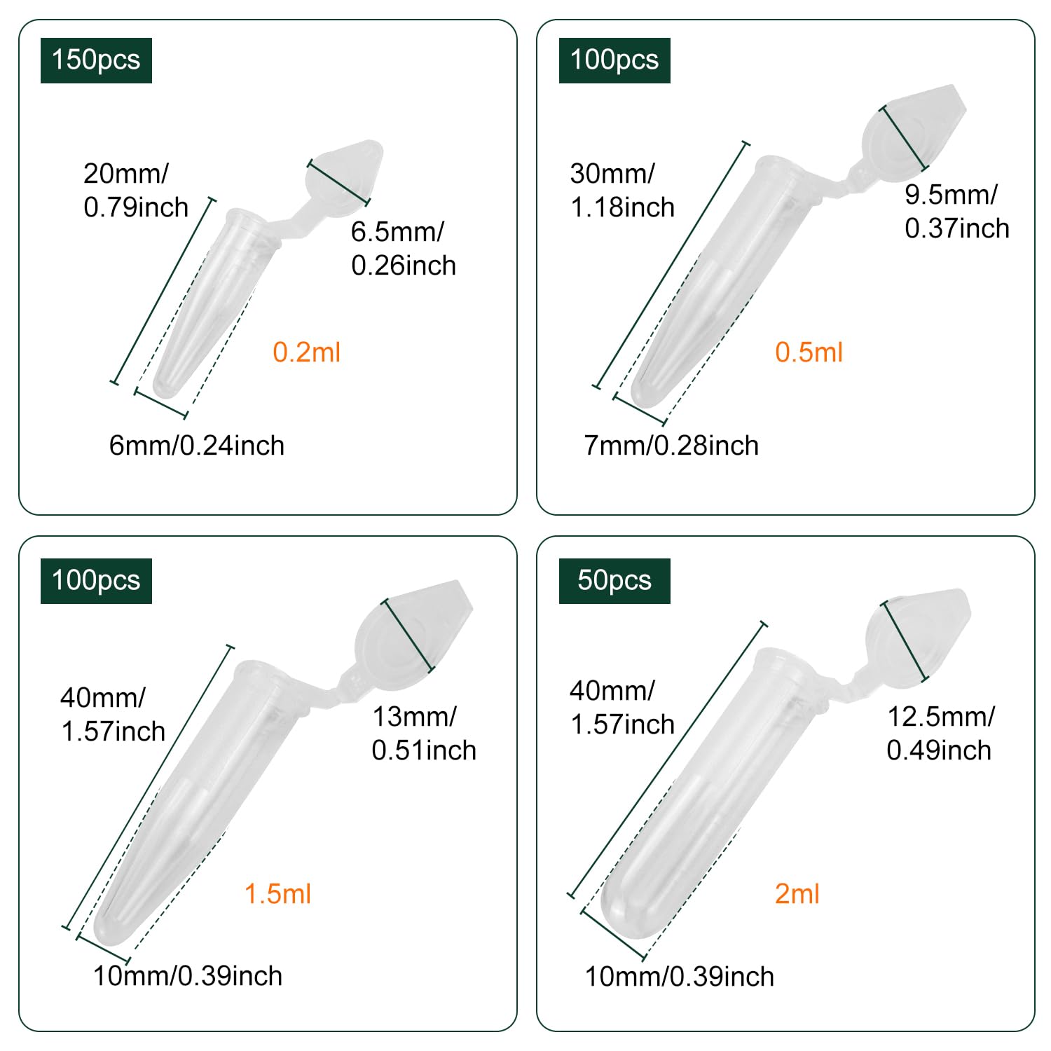 400 Pezzi Quattro Misure 0.2ml 0.5ml 1.5ml 2ml Plastica Centrifuga Provetta con Testa a Punta, Micro Provette da Laboratorio Conical Centrifuge Tubes Trasparente