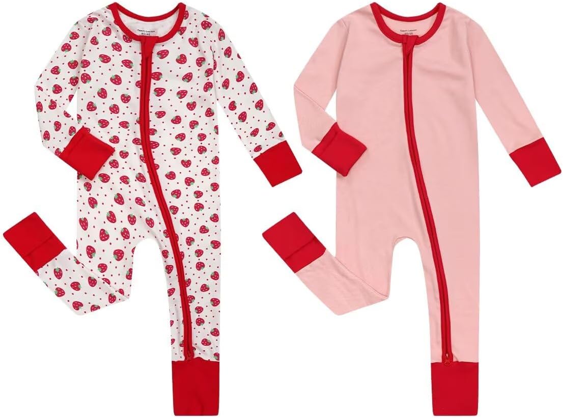 Teach Leanbh Unisex Baby 2 Pack Cotton Pajamas with Mittens and Feet Cuffs 2 Way Zipper Long Sleeve Romper Sleep and Play