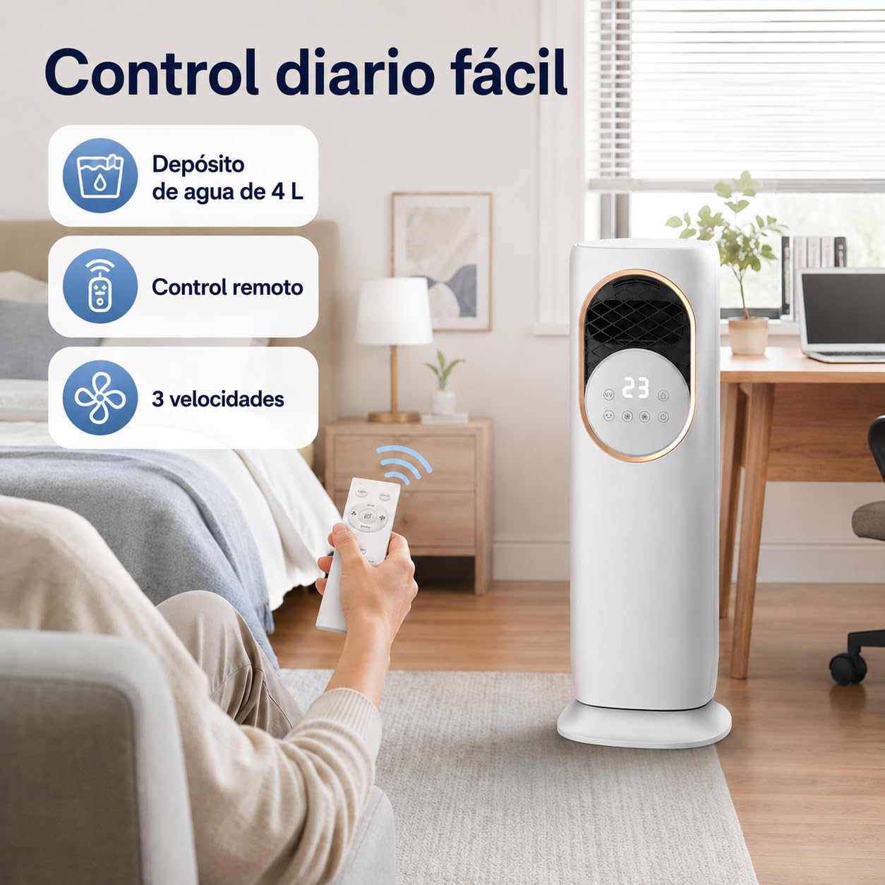 LANMOU Climatizador Evaporativo Frío Calor, Ventilador con Agua y Calefacción sin Tubo, Oscilación 180°, Depósito 4L, 3 Velocidades, Mando, para Dormitorio y Oficina