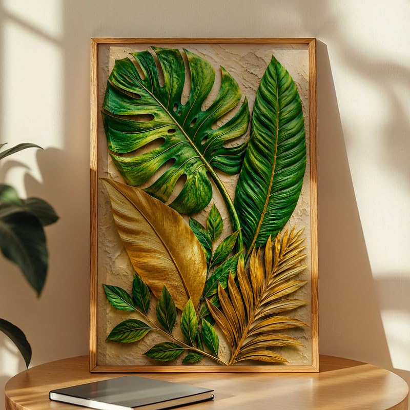 Image of NoWorries 3D Tropical Leaf Wall Painting with Frame Set of 1 | Premium Textured Green & Gold Monstera Palm Leaves Artwork, Luxury Botanical Nature Wall Decor for Living Room, Bedroom, Office and Home Decoration (3d Art-10,17x25inch)