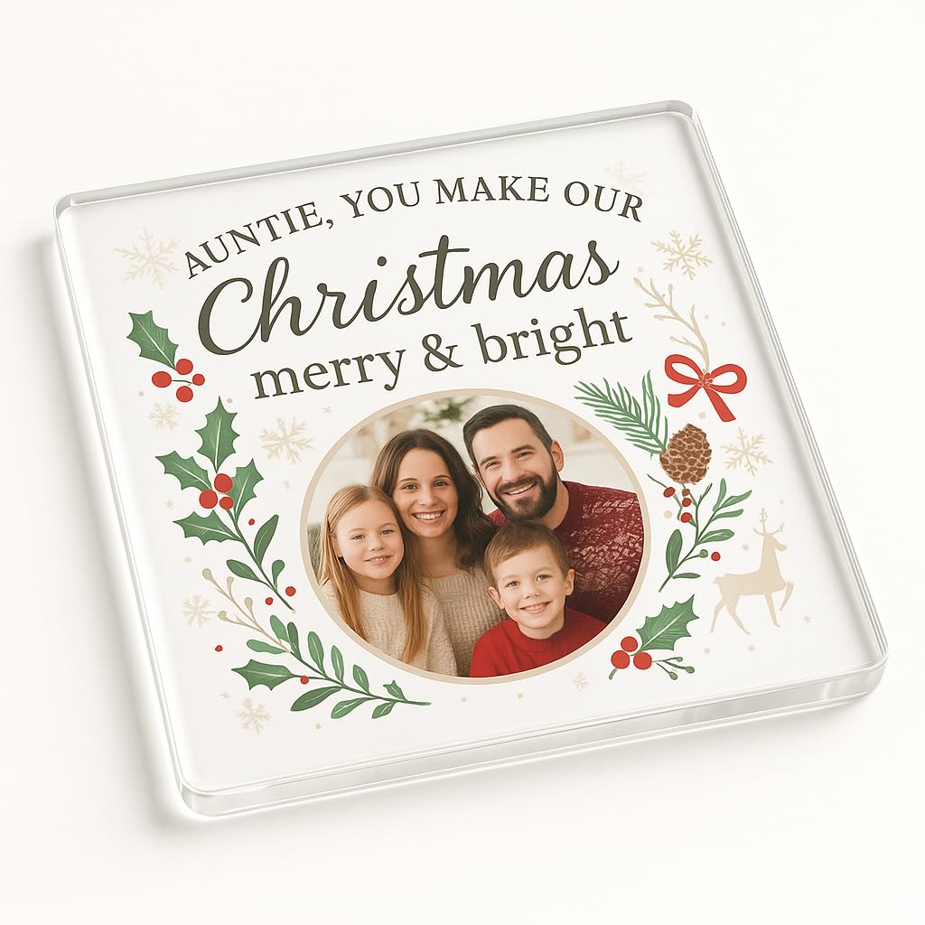 The Plum Penguin Auntie Personalised Photo Acrylic Coaster With Personalised Christmas Photo Design - Merry Memory Frame For