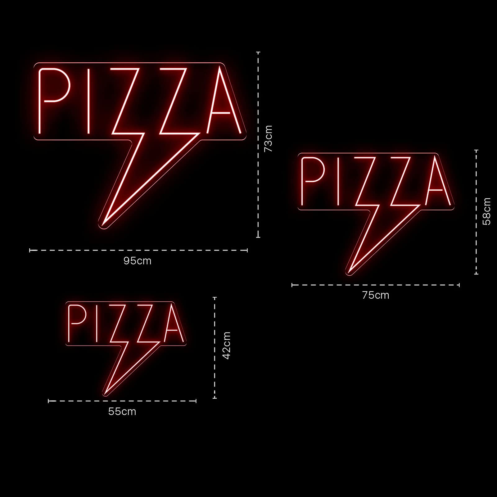 Neon Luces Pared Carteles Letrero Comida Restaurante Feliz -55cm - Personalizable - Multi modelos para elegir - Con Mando a la Distancia- Interior (Neón "Pizza Rayo")