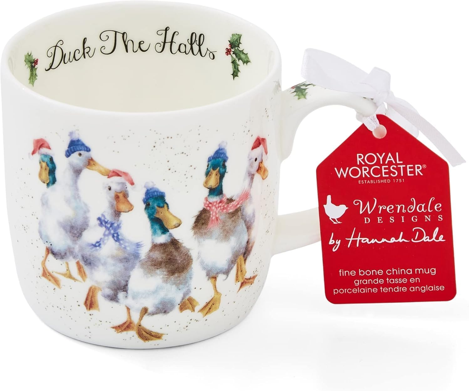 14 Oz Duck The Halls Christmas Mug with Duck Design - Fine Bone China Winter Holiday Coffee Mug, Microwave & Dishwasher Safe, Wrendale Designs Festive Holiday Tableware