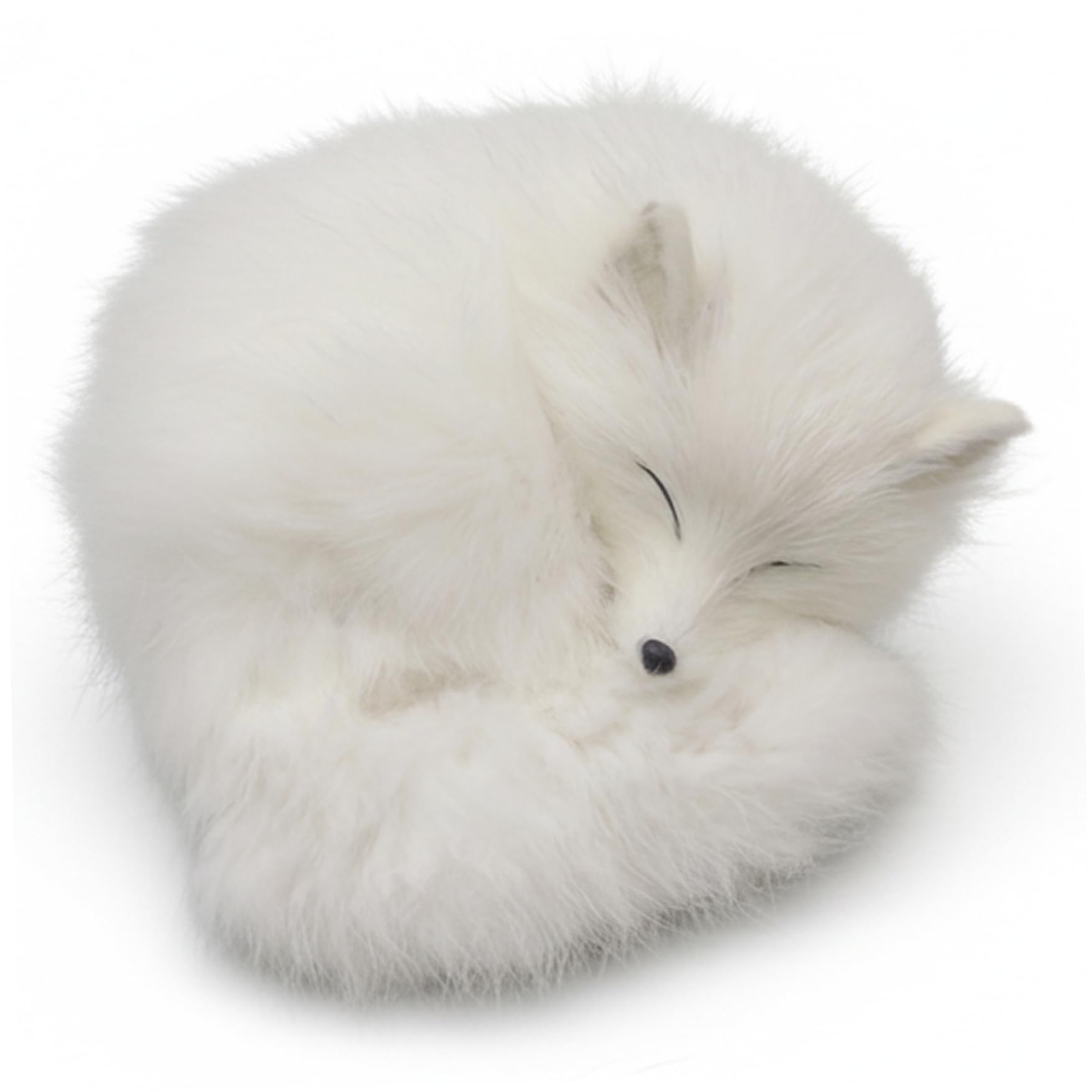 Ameble Realistic Sleeping White Fox Stuffed Animal with Soft Faux Fur, Handcrafted Fox Figurine for Home Desk Decor, Living Room, Office, Cozy Shelf Ornament