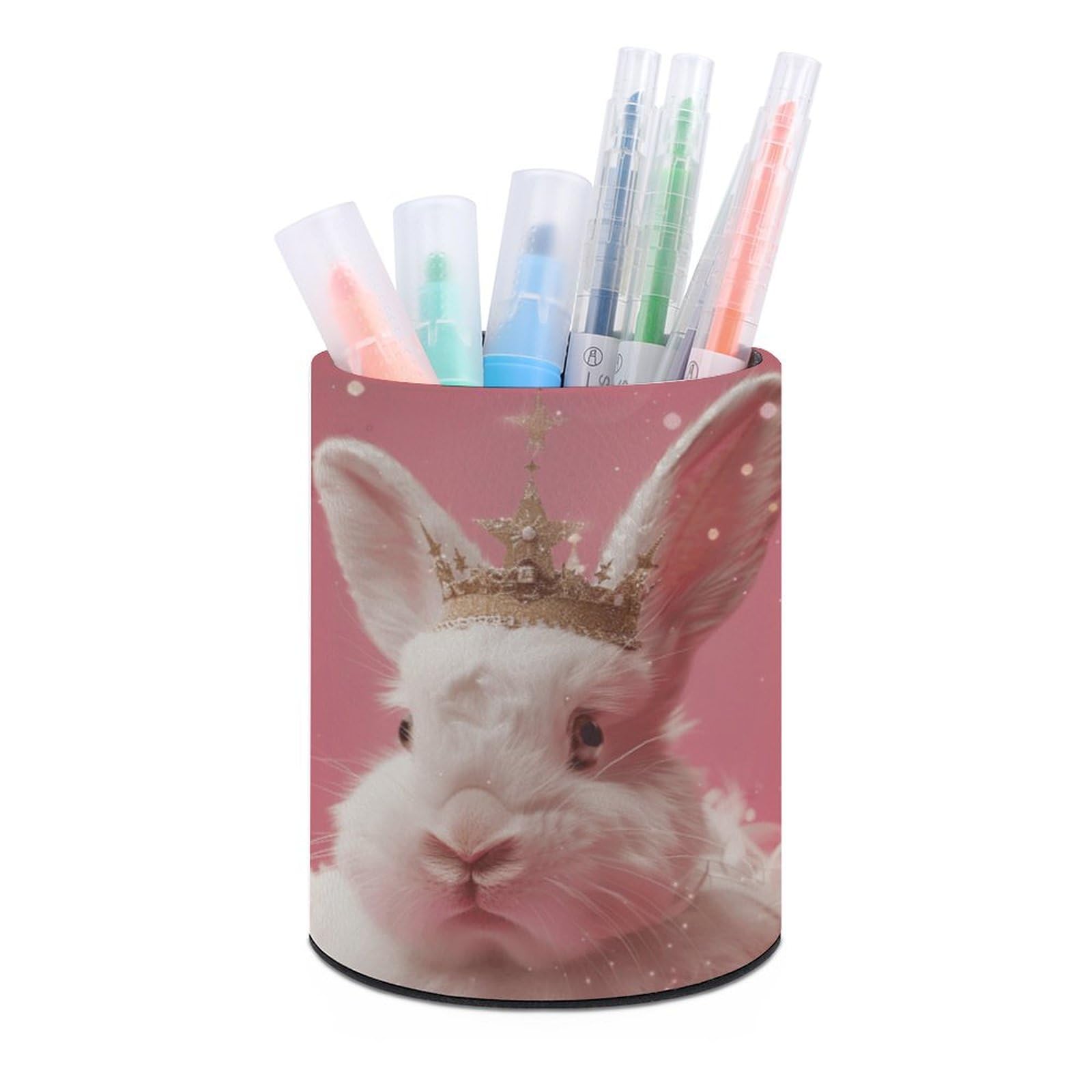 JTREHY Round Pen Holder,Rabbit Wearing A Crown Printed Makeup Brush Storage Box for Home Office Dressing Table
