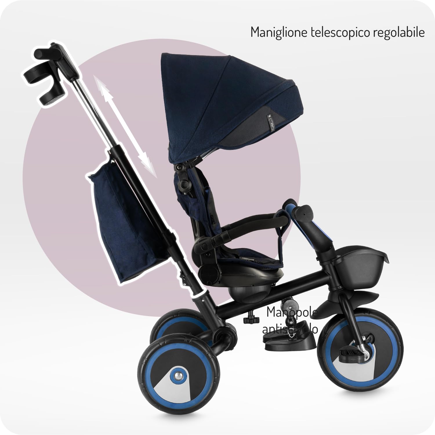 Triciclo per bambini MoMi IVI, seduta girevole 360°, cinture a 3 punti, poggiapiedi, tettuccio parasole, ruote EVA, manubrio regolabile, borsa e cestino portaoggetti