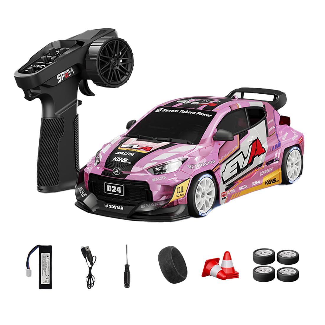 NULA 1:24 RC Drift Car, D24 RTR Full Proportional 4WD High Speed Remote Control Car with Gyro, Dual Drift Racing Tires, LED Light Effects for Adults- (S3 Pink Finish / D24-04)