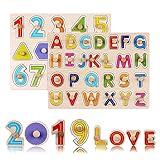 Puzzles for Toddlers, 2 Piece Premium Wooden Peg Puzzle Set for Kids - Alphabet, Numbers + Shapes Puzzle Toy - Perfect Pegged Knob Puzzles for Kids Toddlers Ages 3+