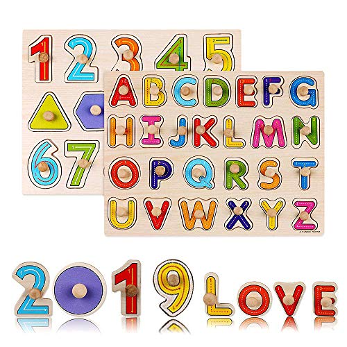 ZCGC Puzzles for Toddlers, 2 Piece Premium Wooden Peg Puzzle Set for Kids - Alphabet, Numbers + Shapes Puzzle Toy - Perfect Pegged Knob Puzzles for Kids Toddlers Ages 3+
