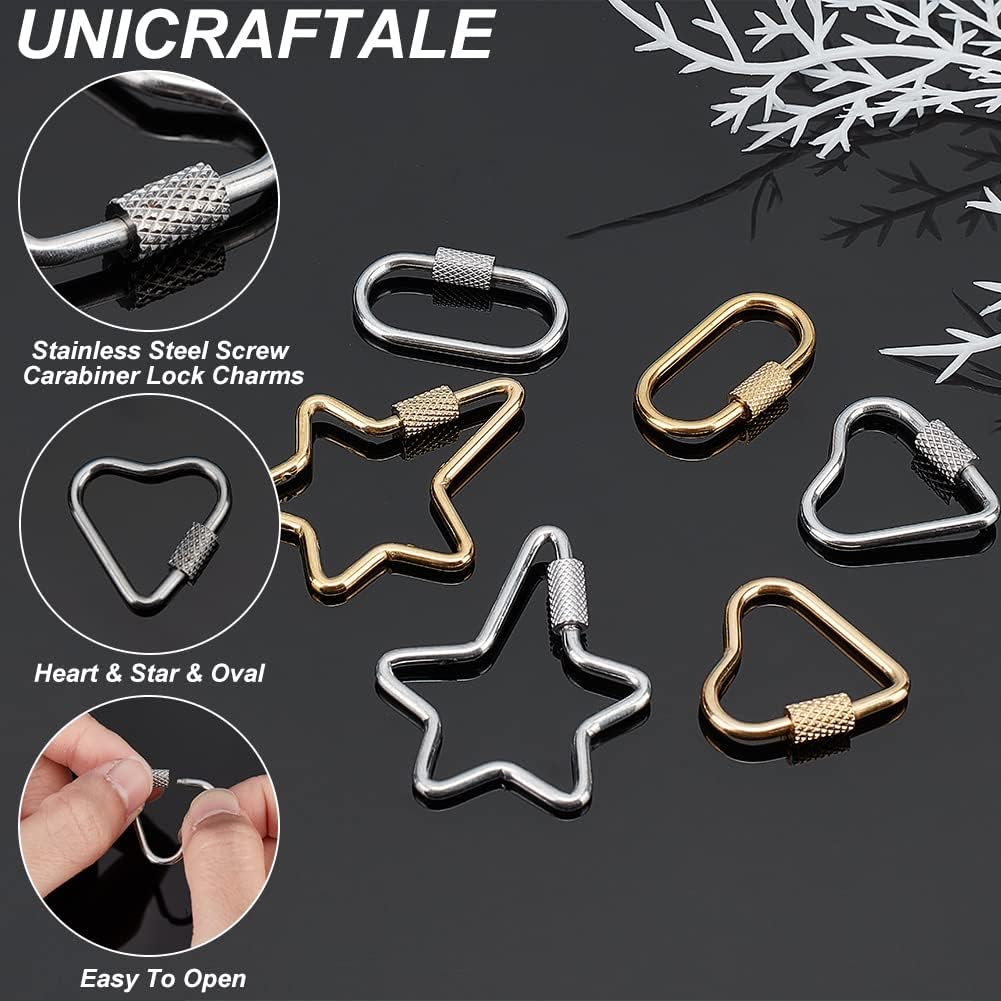 UNICRAFTALE 6pcs 3 Styles Screw Carabiner Lock Charms 2 Colors Stainless Steel Locking Carabiner Claw Clasp Heart Heart Carabiner Hook Clip Key Holder 22~35.5mm - Image 5