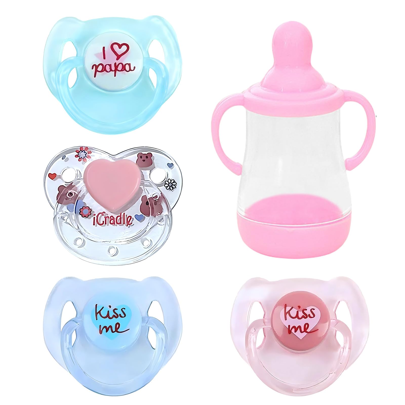5 Piece Reborn Doll Magnetic Pacifier & Bottle Set Realistic Simulation Feeding Toy with Safe Pretend Play Accessories for Re-Born Baby Dolls Gift (Pink/Blue)