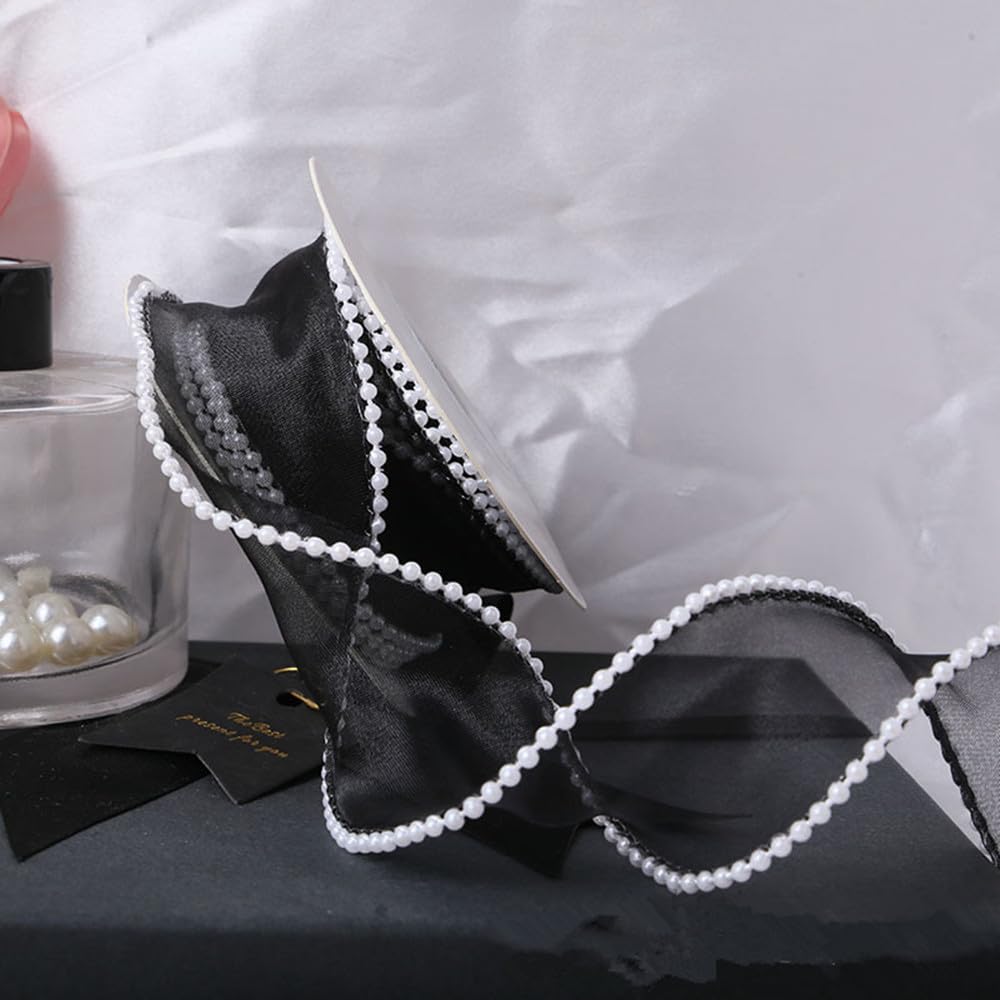 Trim Ribbon Pearl Beaded Lace, Gift Ribbon Decoration Applique for DIY Crafts, Gift Wrapping, Christmas Wedding Party Ceremony Decorations, 4.5 Yard (Black)