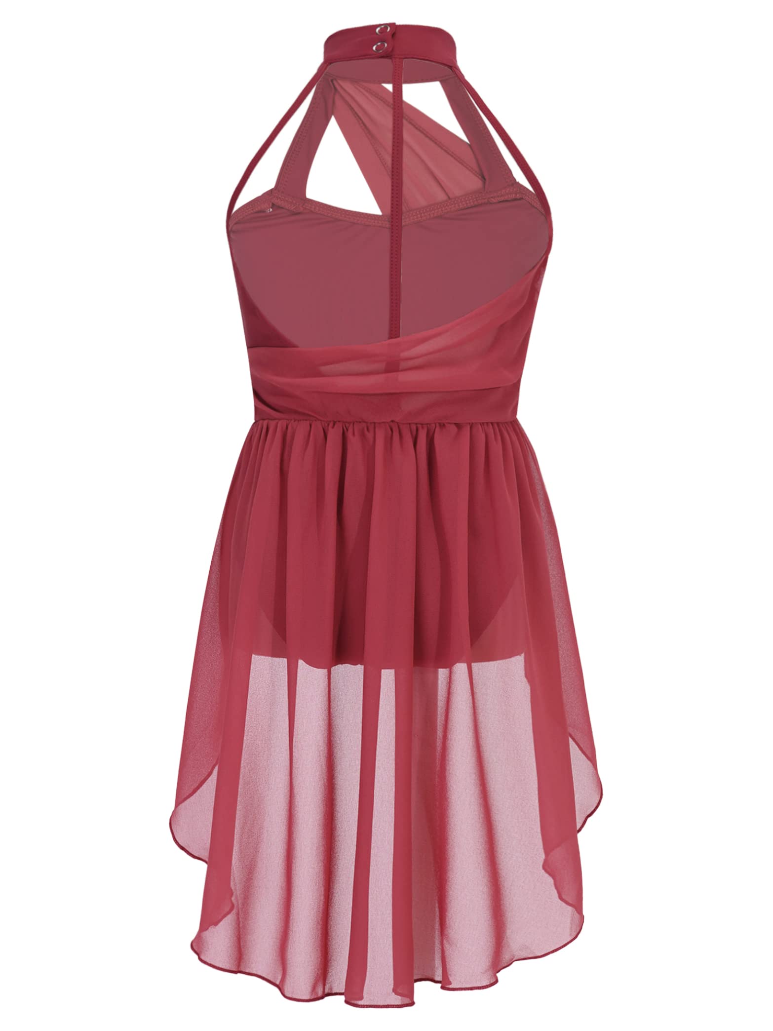 Daenrui Kids Girls Halter Neck Cutout Back Ballet Lyrical Dance Dress Latin Jazz Skating Costume Leotard Skirt Burgundy 10 Years