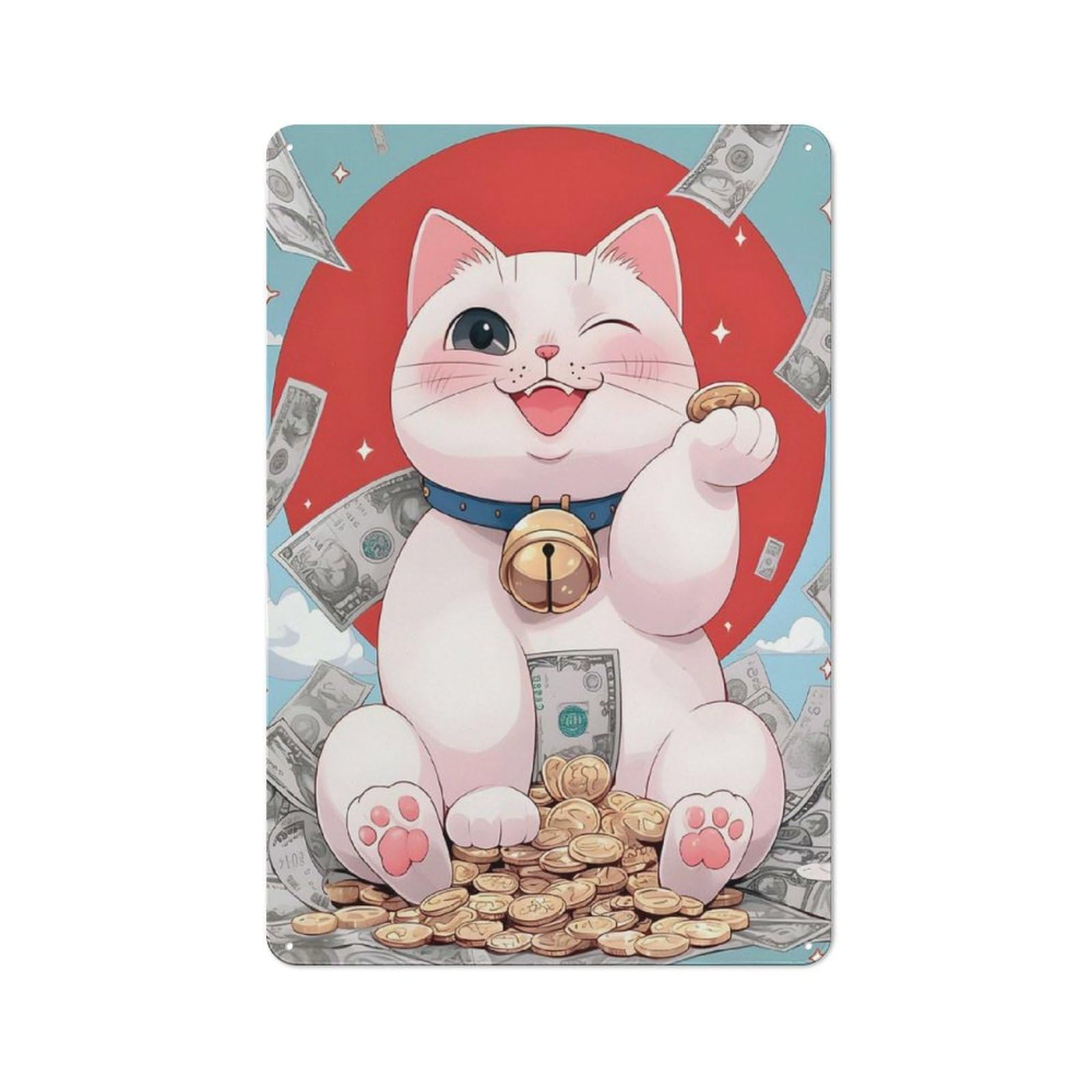 For Living Room Or Hallway, Lucky Cat with Coins - Maneki Neko Bitcoins Retro Metal Plaque 30x20cm, for A Newly Furnished Living Room And Hallway