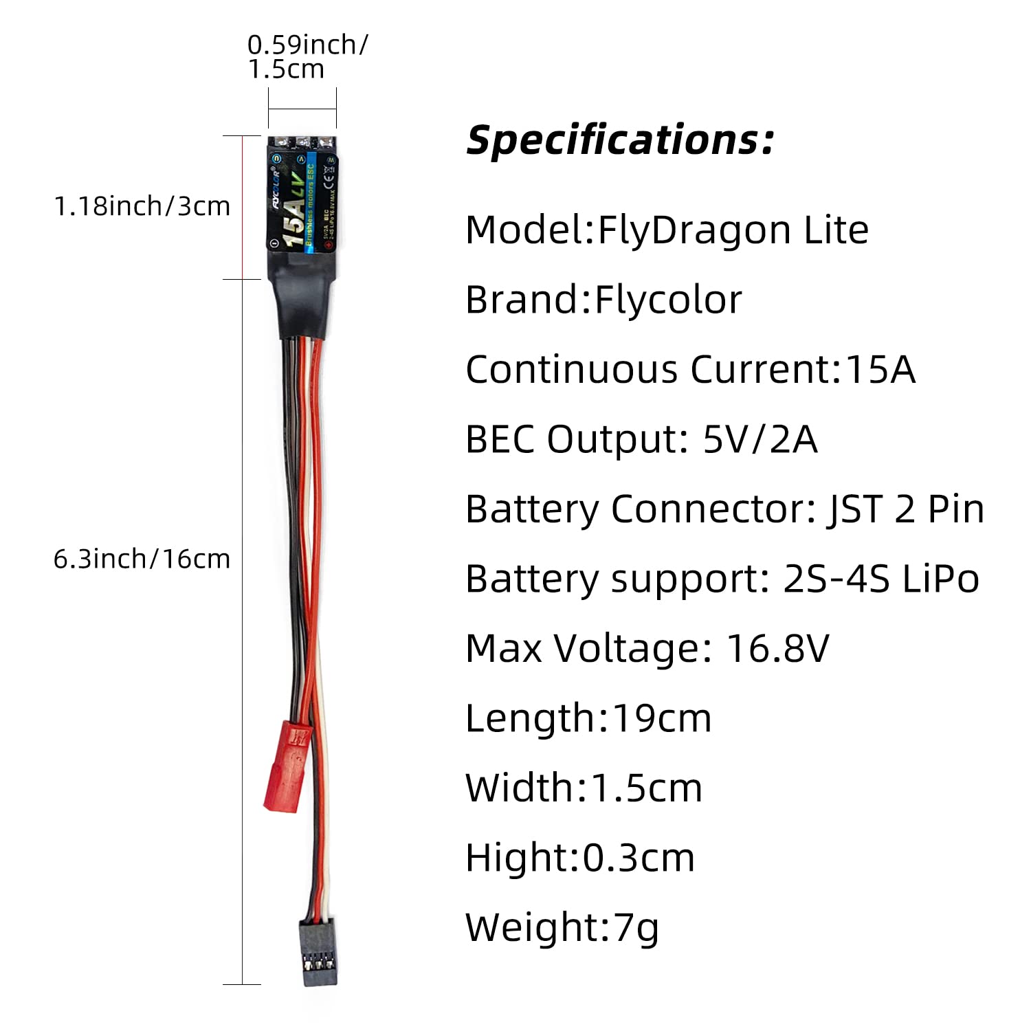 FLYCOLOR 15A RC Brushless Motore Elettrico Regolatore di Velocità Built-in 5V/2A BEC, Supporto 2S-4S LiPo ESC per Radiolink A560 Aereo