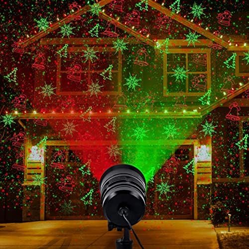 Contents of the Y YUEGANG Christmas Projector Lights package including the projector, remote, power adapter, ground stake, and round base.