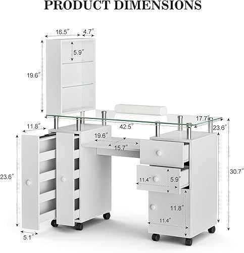 Miniatura 4 de Mesa de manicura para tecnología de uñas, estación de mesa de uñas con parte superior de cristal, resistente a acetona, con cajones de