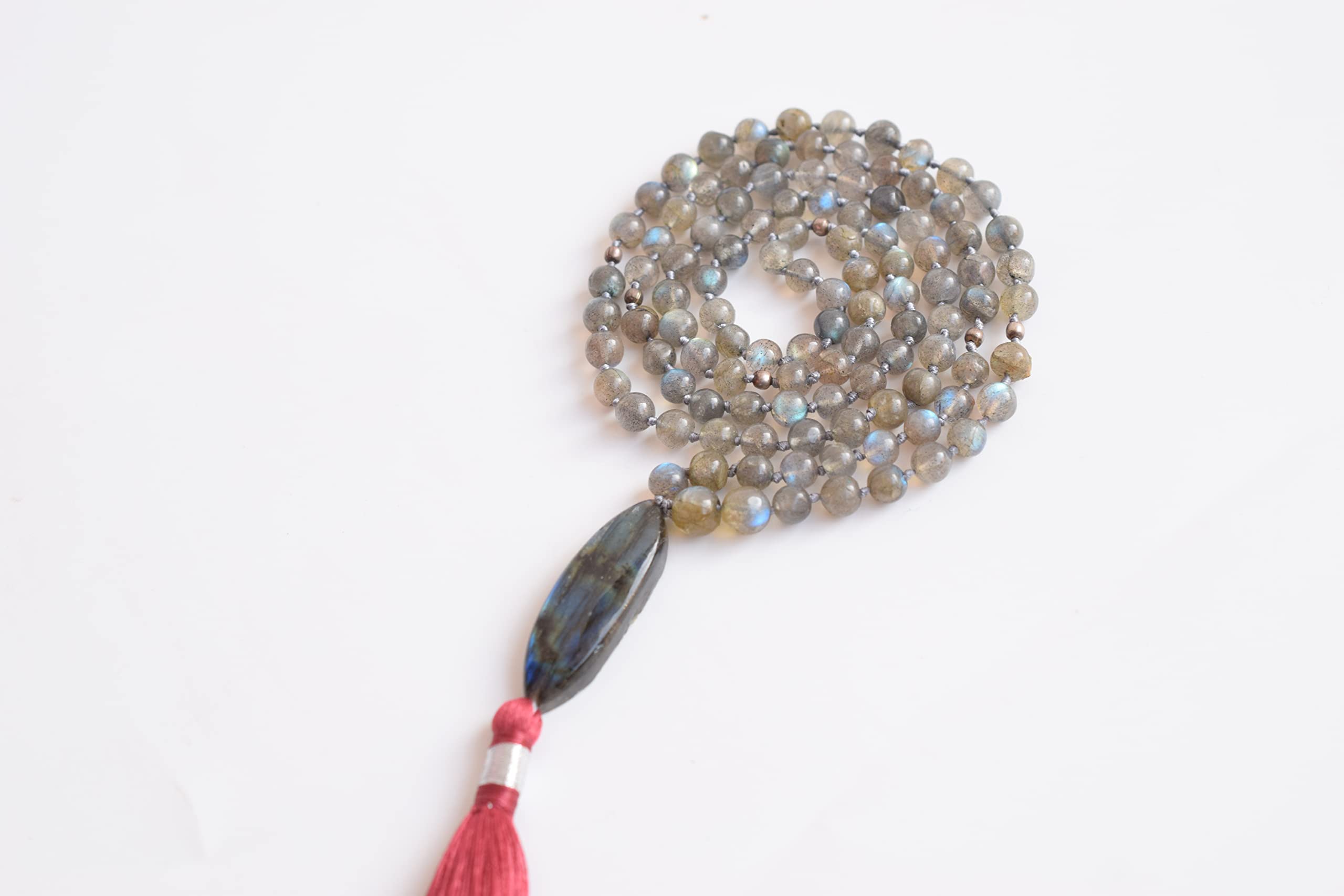 Vaibhav Jewellers A++ Collar Mala de labradorita natural con colgante de marquesa | Flash azul, protección contra ataques psíquicos, 108 cuentas Mala, Mala Yoga Mala personalizada, 84 cm, Gema,