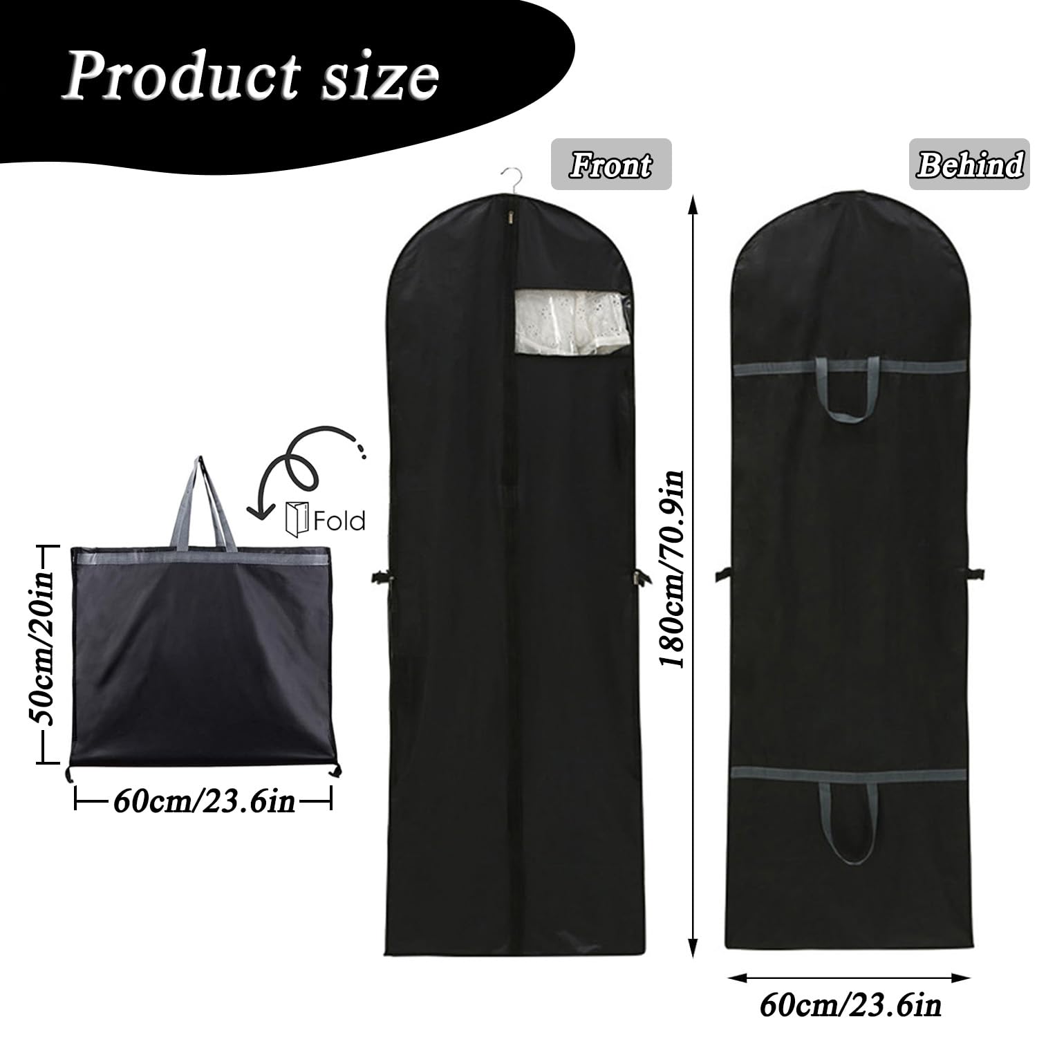 Long Dress Covers Bag Dust Proof Clothes Covers Moth Proof Garment Bag Wedding Dress Bag Folding Long Coat Cover for Coat Gowns Dresses Shirts Suits Jackets Storage (Black) - Image 2