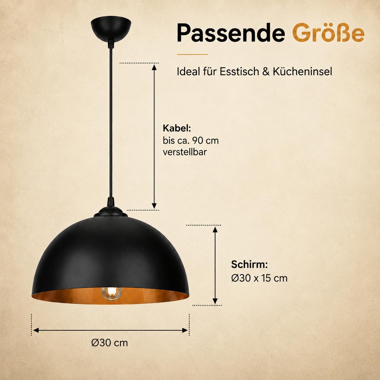 Set di 4 lampade a sospensione in metallo nero e oro, vintage, E27, diametro 30 cm, lampada a sospensione con cavo regolabile, lampada per tavolo da pranzo, cucina, soggiorno, sala da pranzo