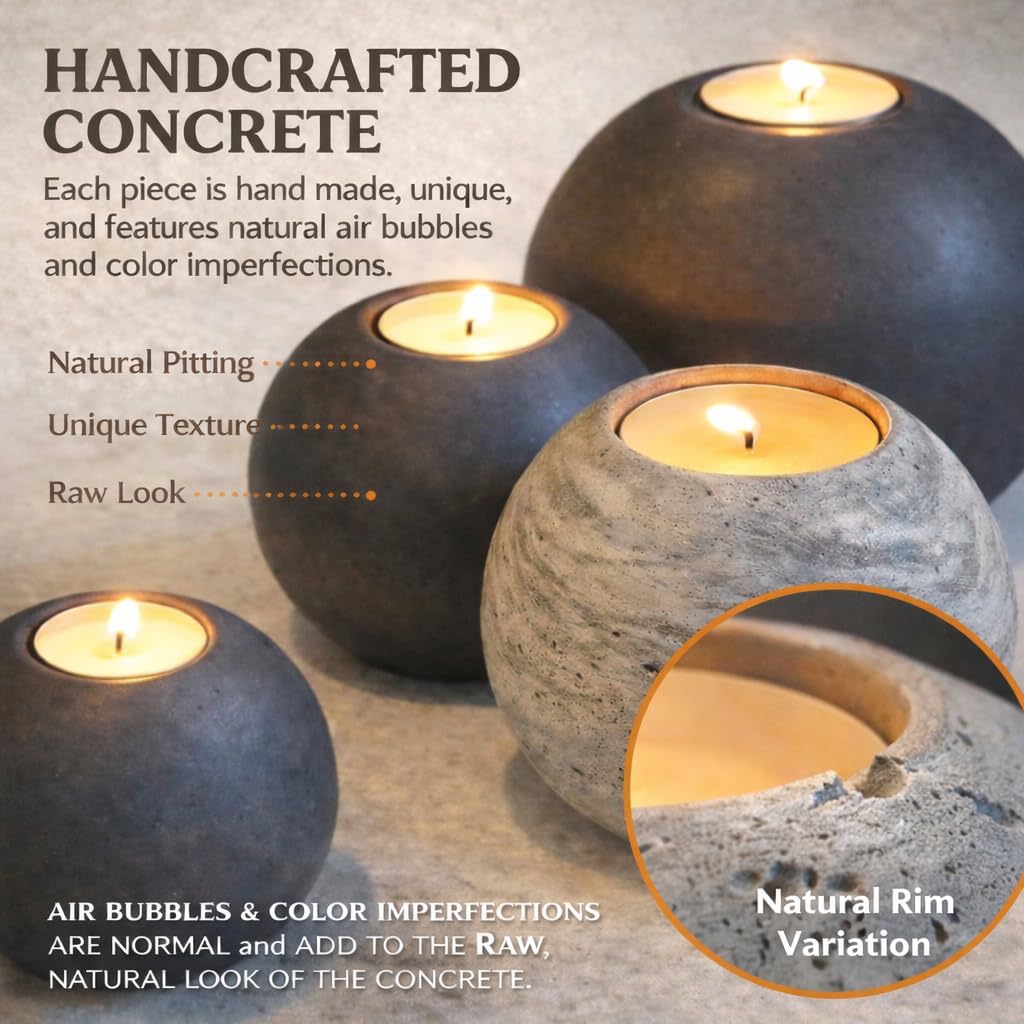 Concrete Sphere Tea Light Holder - Minimalist Centerpiece - Candle Holder - Modern Interior Design (Charcoal, Set of 3 Sizes)