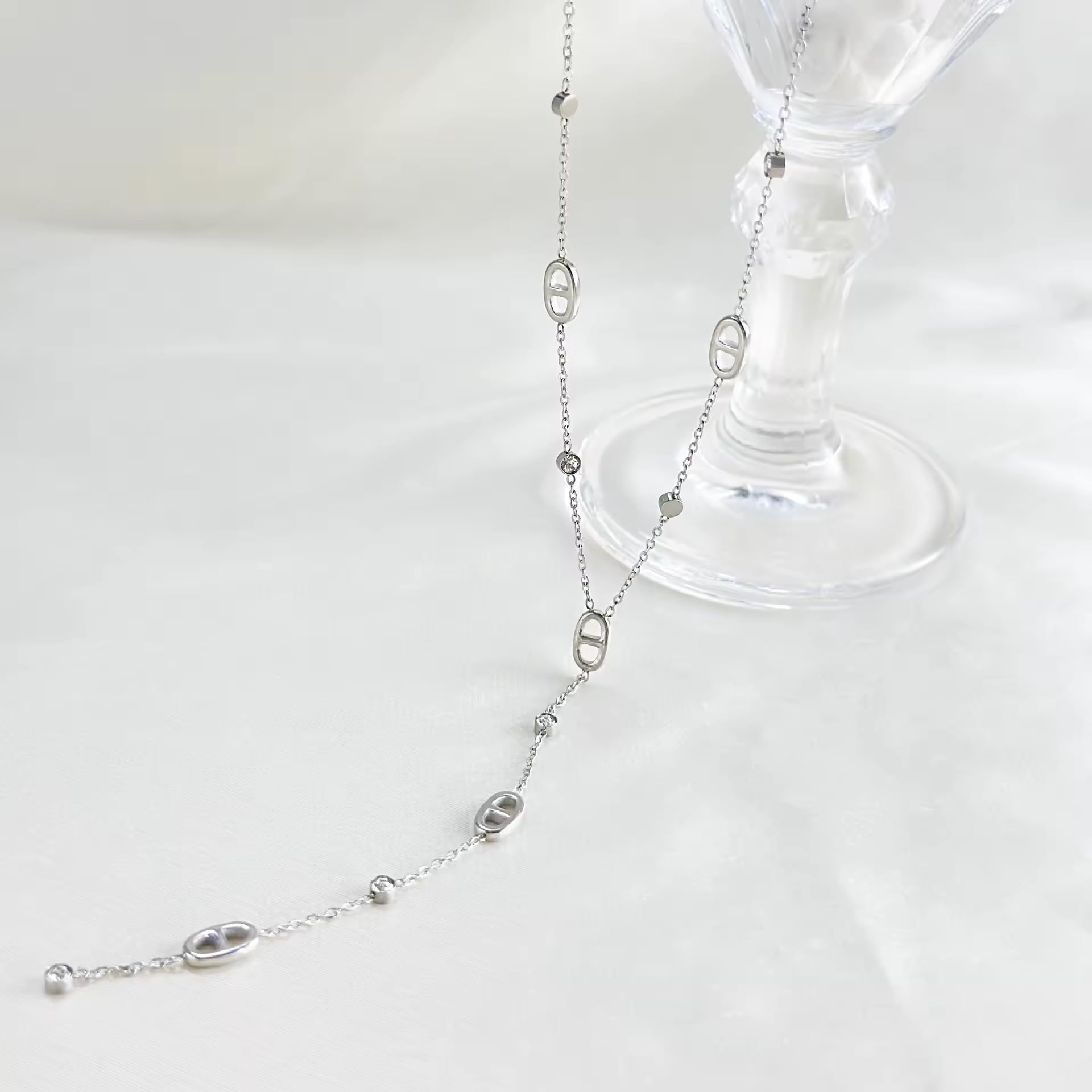 collier sautoir chaine en y - pendentif nez de cochon et strass - maille marine - acier inoxydable- argent ou or - collier personnalisé-collier tendance