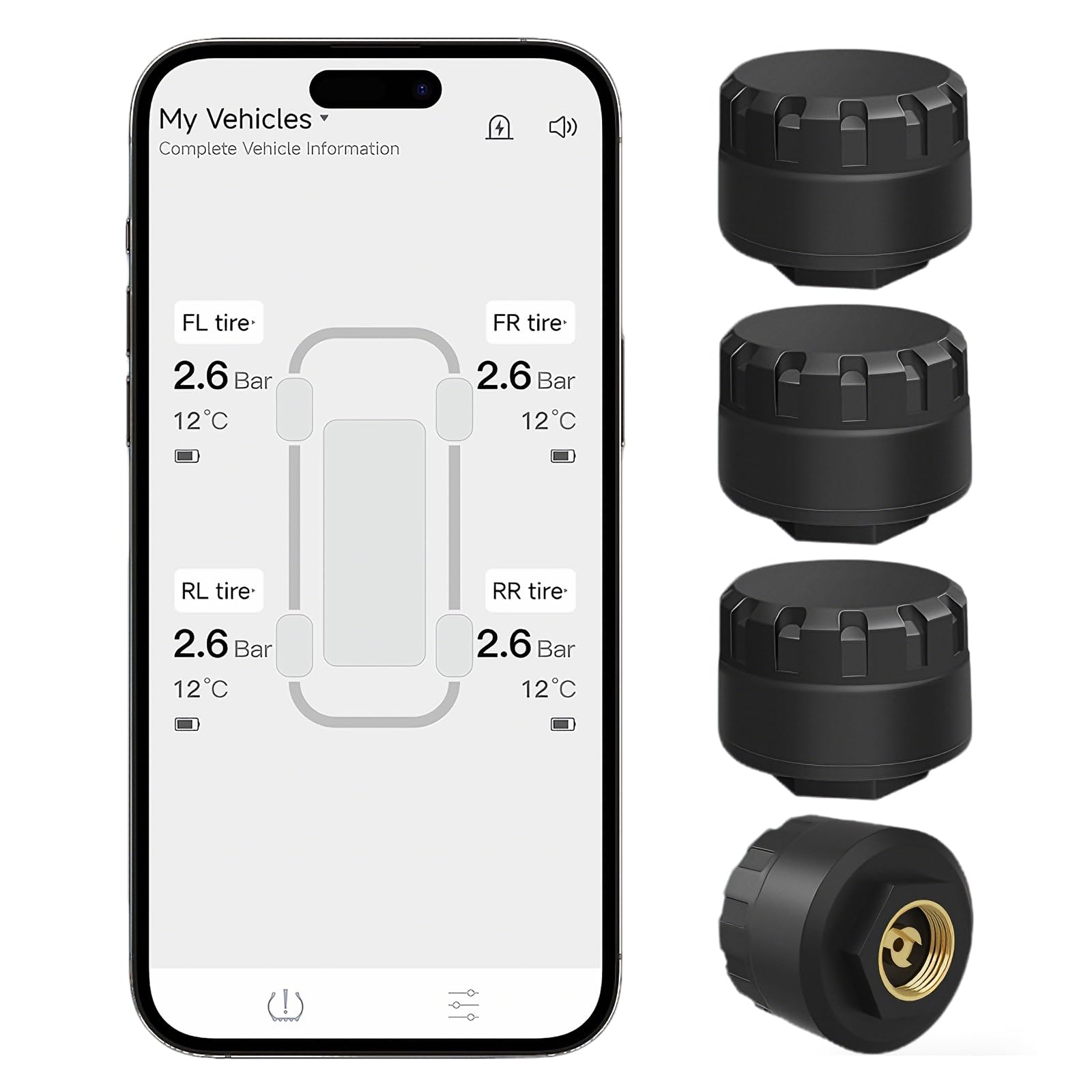 OBEST TPMS Sistema de Control de Presión de Neumáticos con 4 Sensores Externos, Inalámbrica Aplicación Bluetooth Inteligente, Detector de Temperatura, Compatible con iOS y Andro