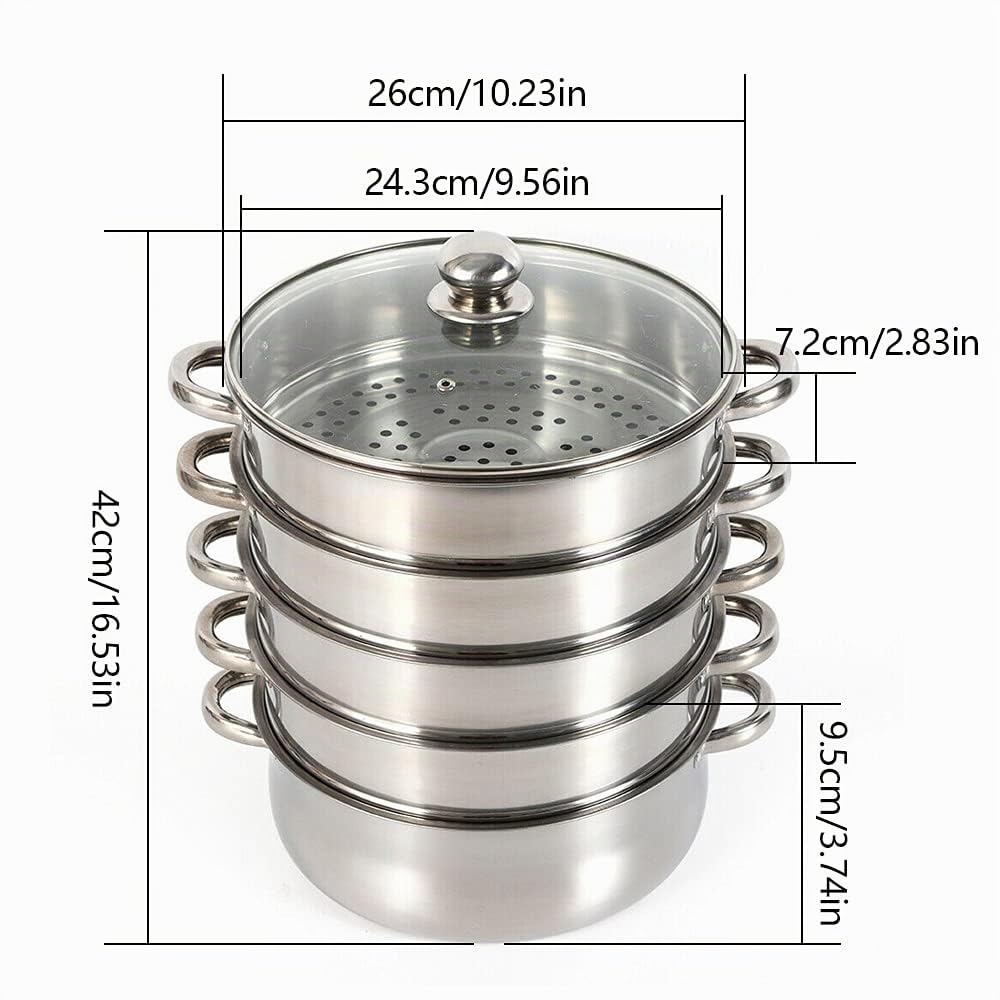 5-Tier Dampfgarer aus Edelstahl 30cm | Biodampfkocher mit Glasdeckel | Silver Dämpfer für verschiedene Herdarten | Gemüse-/ Kartoffeldämpfer | Edelstahldampfer | Spülmaschinengeeignet (28 cm)