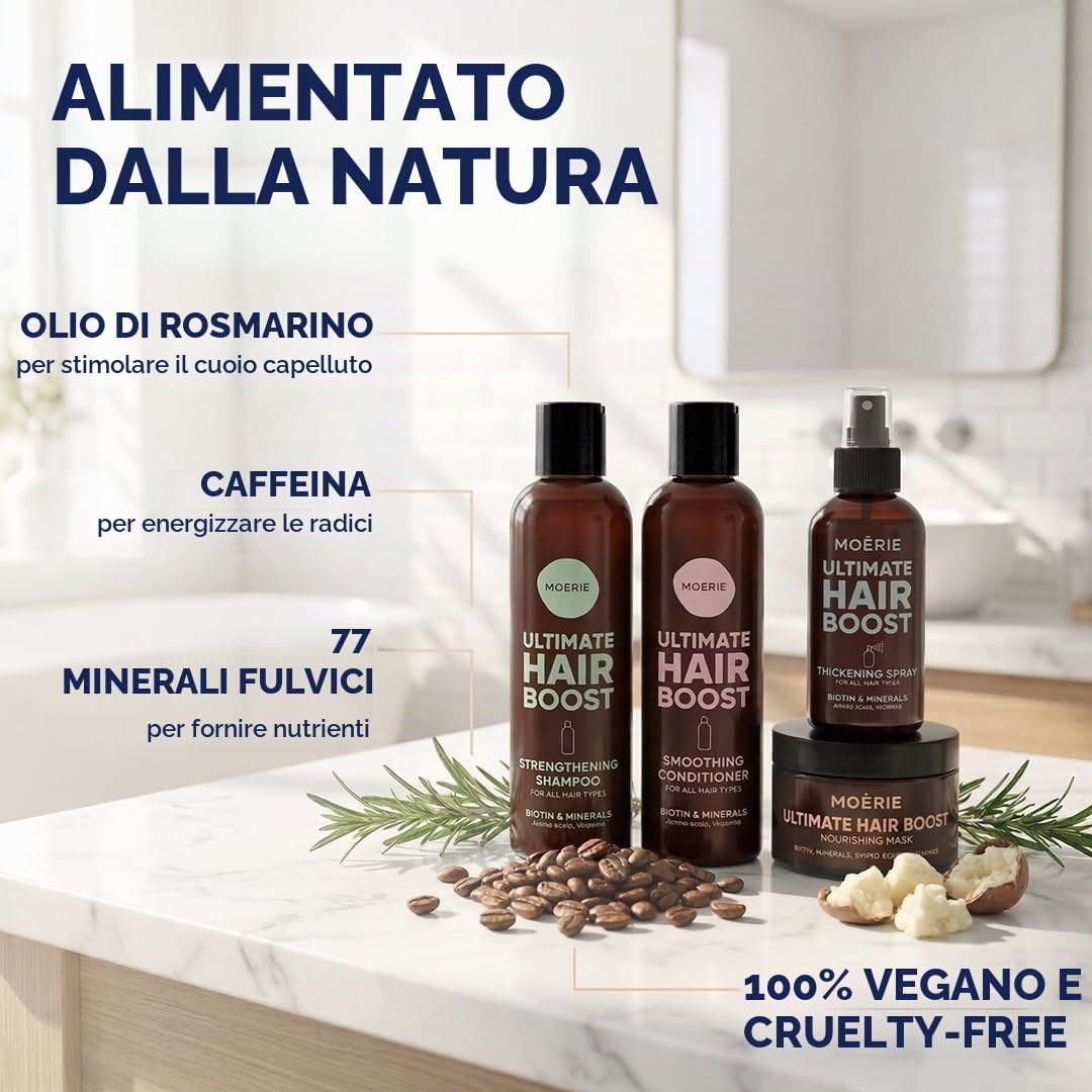 Set capelli Moérie shampoo e balsamo con maschera e spray, prodotti per crescita capelli premium, per capelli più lunghi e folti, prodotti volumizzanti capelli senza parabeni/silicone, 8 articoli