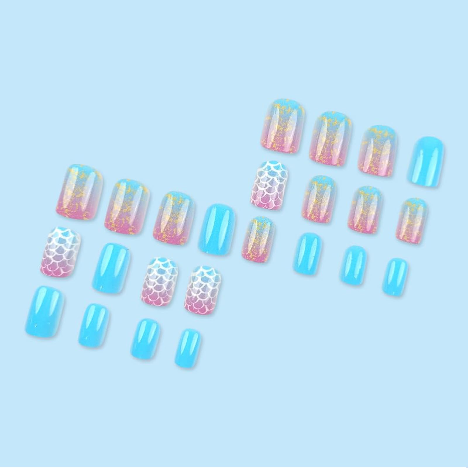 Shimmerz 24 Pieces Gold Glitter Gradient Fish Scale Pattern Full Cover False Nails Glossy Stick On Nails for Women Nail Art Manicure - Image 4