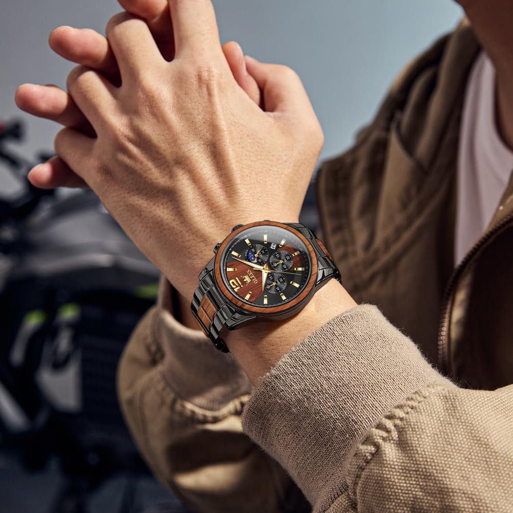 OLEVS Herrenuhr Analog Quarz Holz Armbanduhren Luxus Kleid Chronograph Edelstahl Wasserdicht Leuchtende Uhren Herren Geschenk