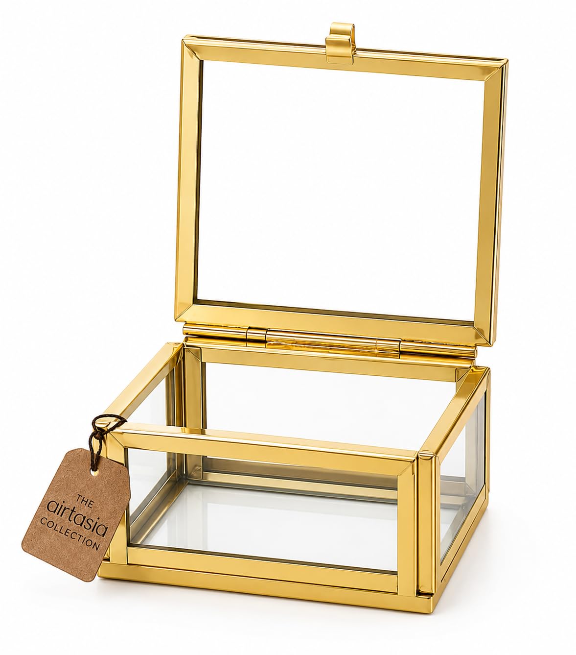 The AIRTASIA COLLECTION Square Brass Glass Box with Lid and Mirror Base, Glass Display BoxGlass Box, Gold Frame, Small Keepsake Display Case, Vintage Style Photo Memory Holder 2x1.5 inch-image-6