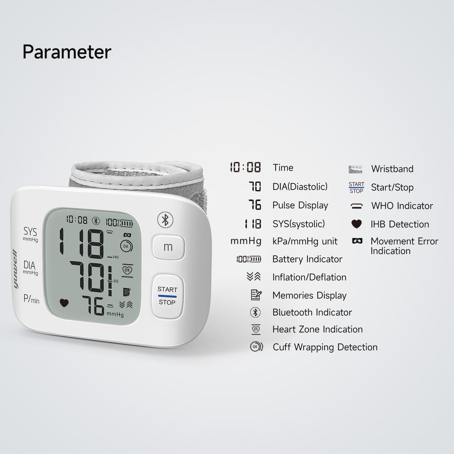 yuwell Rechargeable Wrist Blood Pressure Monitors for Home Use, Large Wrist Cuff with Irregular Heartbeat, with Bluetooth Wireless Technology to Healthcare+ App for Unlimited Free Measurements