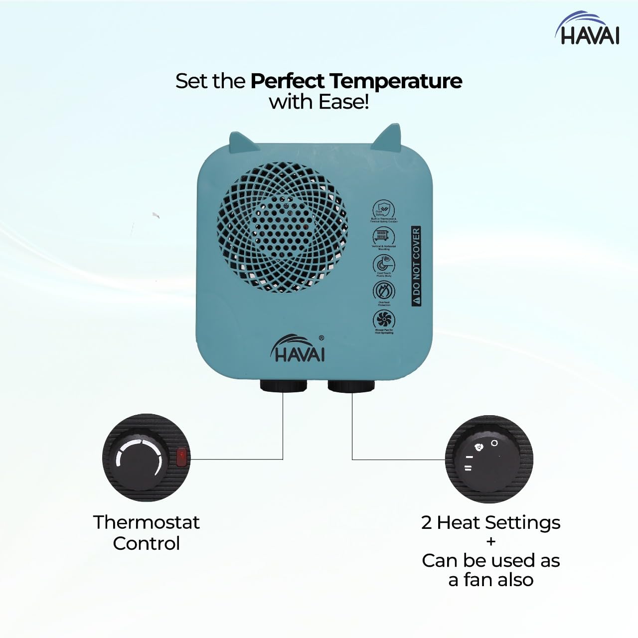 HAVAI Fan Heater Ace Pro | 2000W Room Heater with Adjustable Thermostat & Dual Heat Setting | Hot & Cool Air Blower | Overheat Protection | Portable Room Heater for Home & Office 2