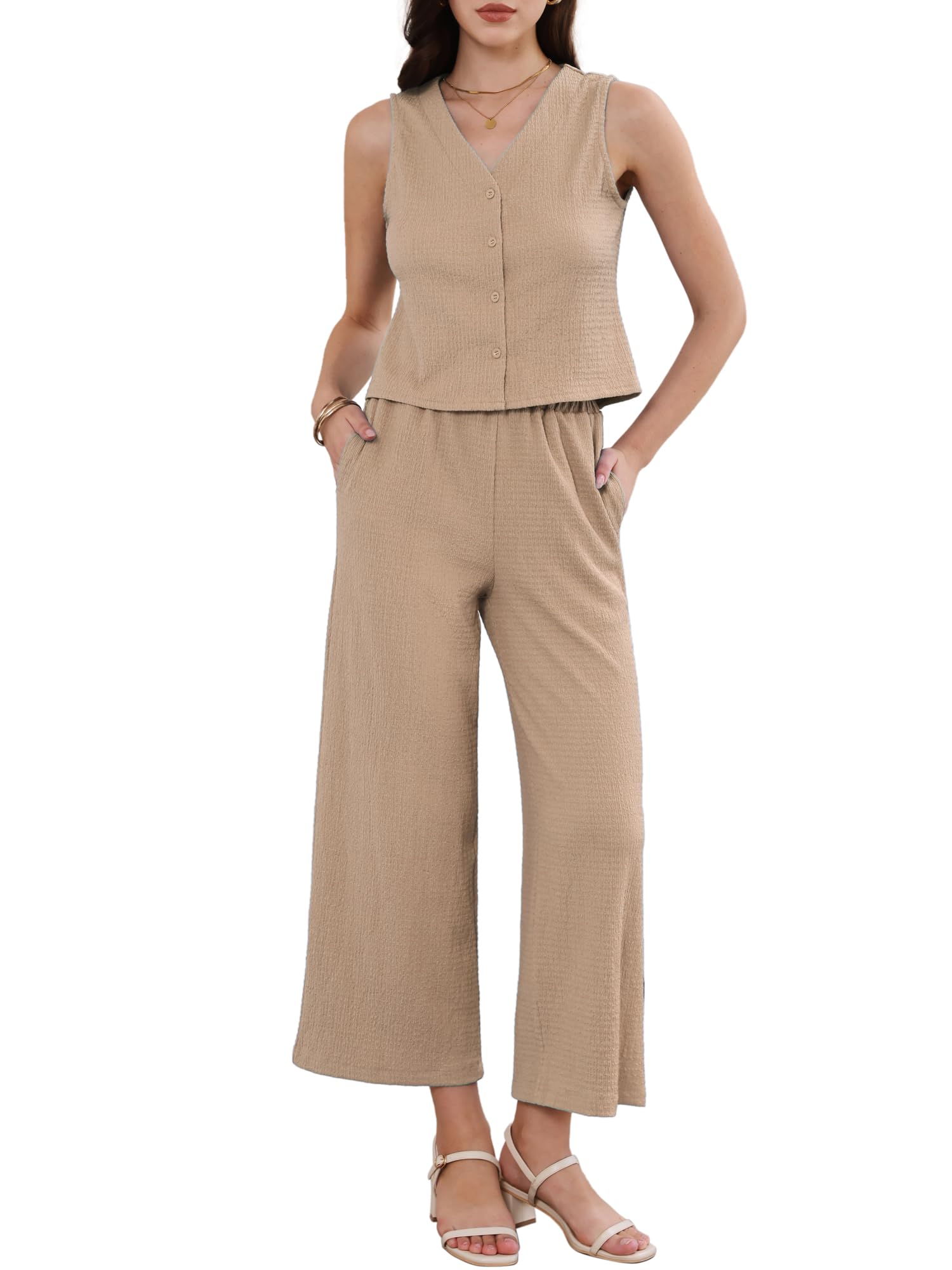 Allegra K 2 Piece Sets for Womens High Waist Pockets Textured Dressy Casual Lounge Pants Suit Set