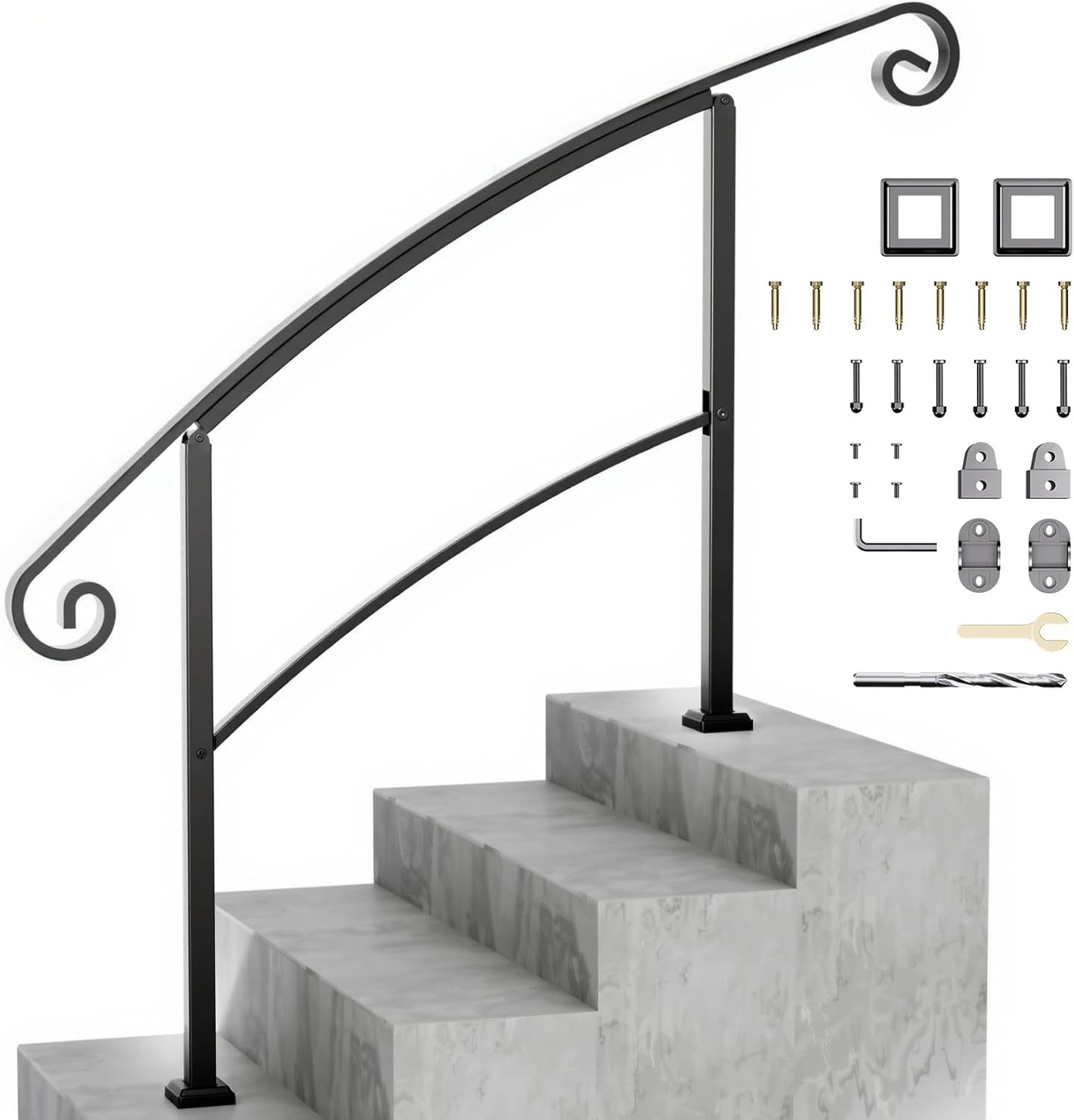 Xesi 4-5 Step Handrails for Outdoor Steps with Installation Kit - Durable Wrought Iron Railing - Versatile Curved Handrails for Outside Steps, Concrete Steps, Stair Railing Outdoor or Porch Railing 4-5 steps (4.5 ft) Curved Black