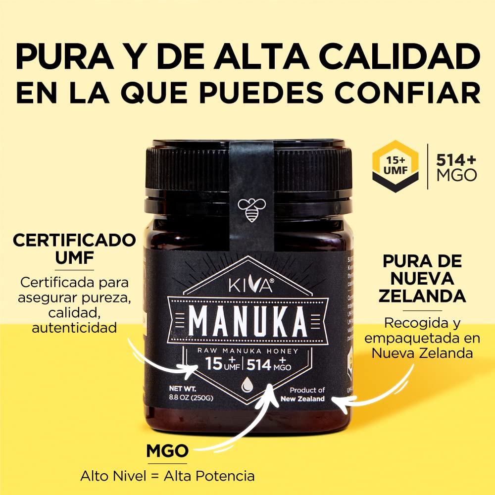 Kiva Miel de Manuka pura (Nueva Zelanda) UMF 15+ certificado, 250 gramos.