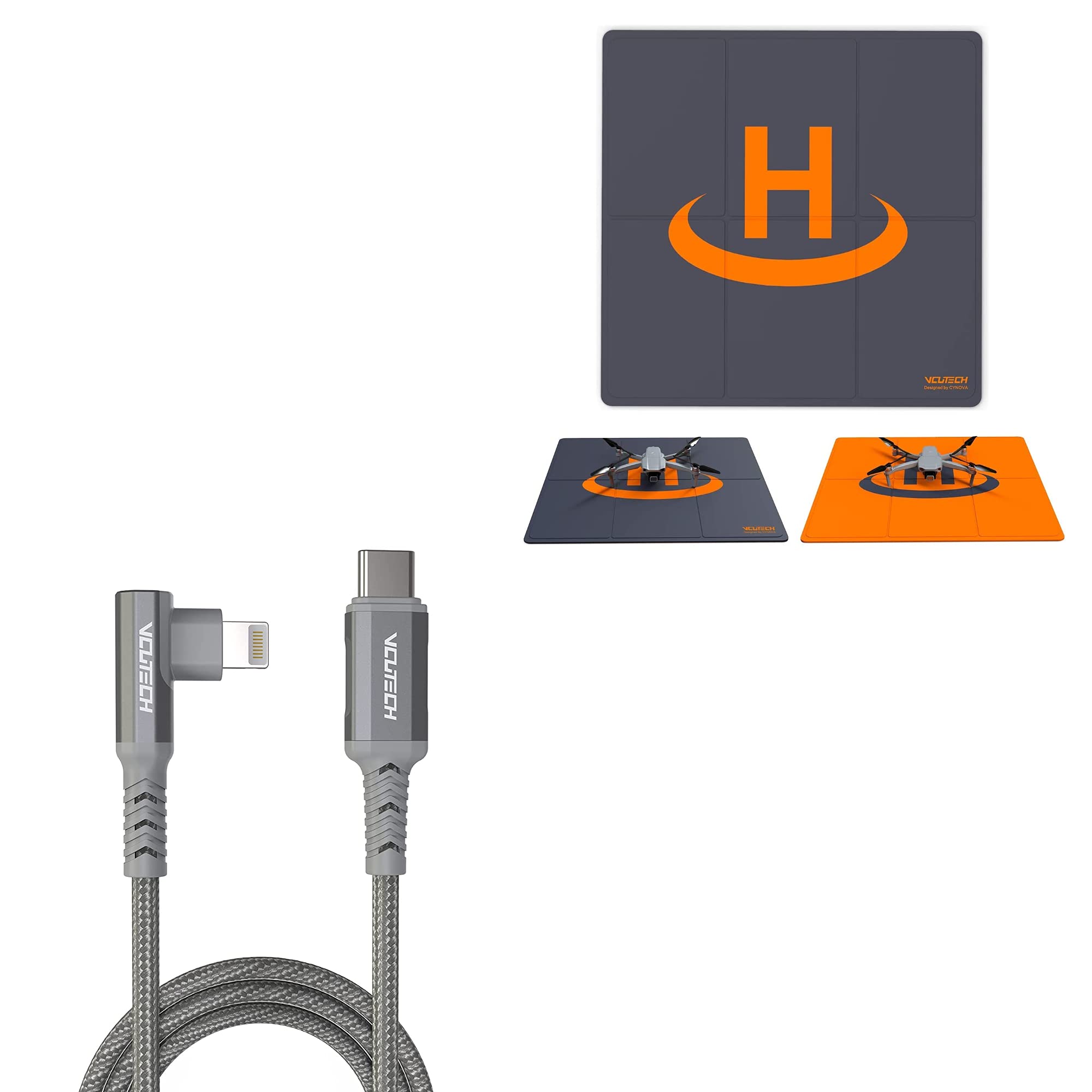VCUTECH Drone Landing Pad Pro 20 inch(50cm) with Lightning Data Cable to USB-C 1.1 ft/35 cm MFI Certified for DJI Mini 2/Air 2S/Mavic Air 2/Mavic 3 Remote Controller