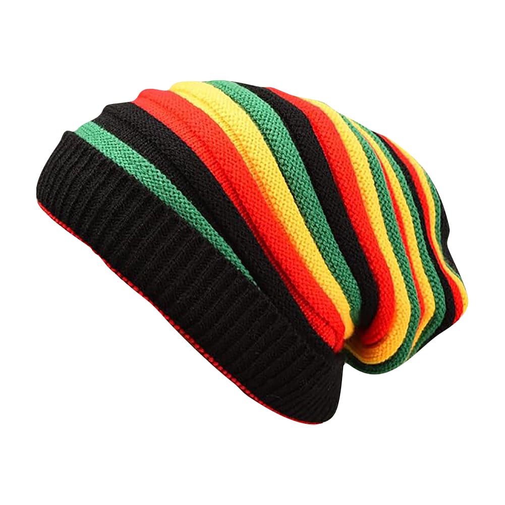 FSSTUD Gestreifte Beanie-Mütze, bunte Strickmütze, lockere Beanie, Mütze, Baggy-Wintermütze, weiche Strickmütze, übergroße Slouch-Mütze, bunt, 28 x 23 cm
