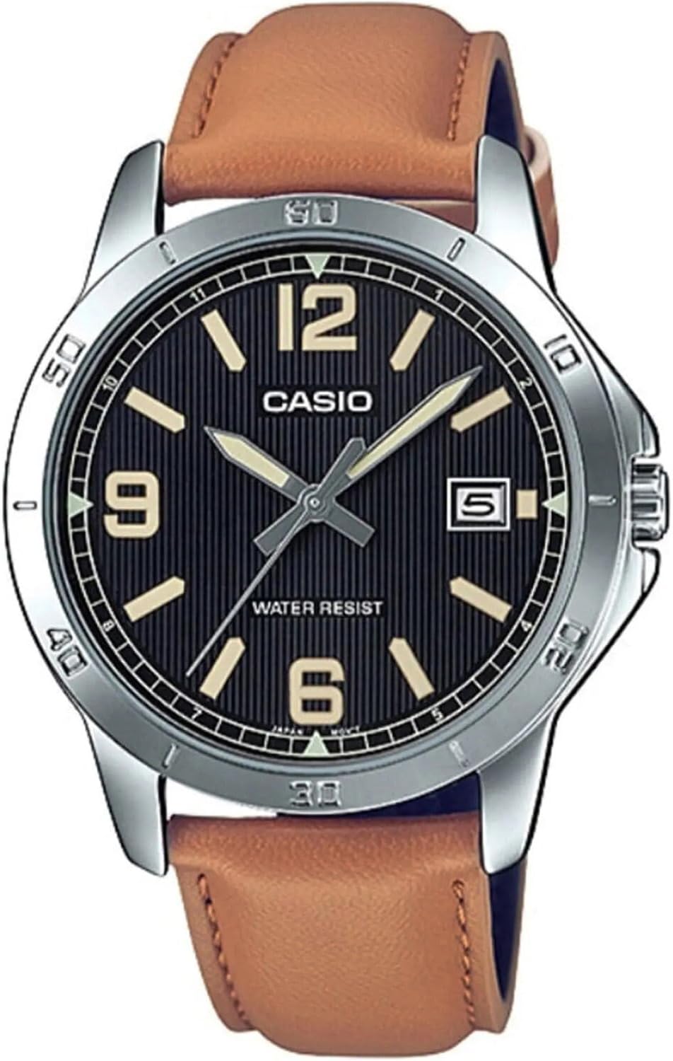 Casio MTP-V004L-1B2 Men's Stainless Steel Brown Leather Band Black Dial Date Watch